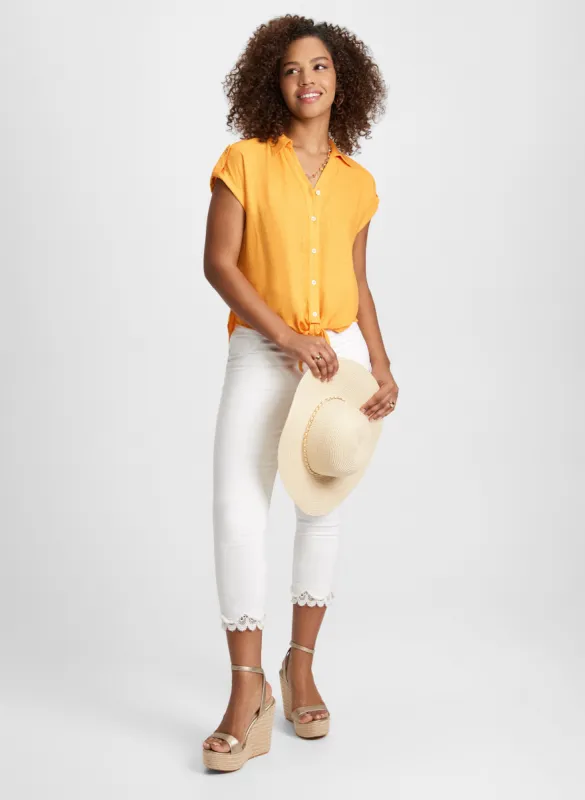 Linen Blend Knotted Blouse & Embroidered Hem Capri Jeans sold by Laura