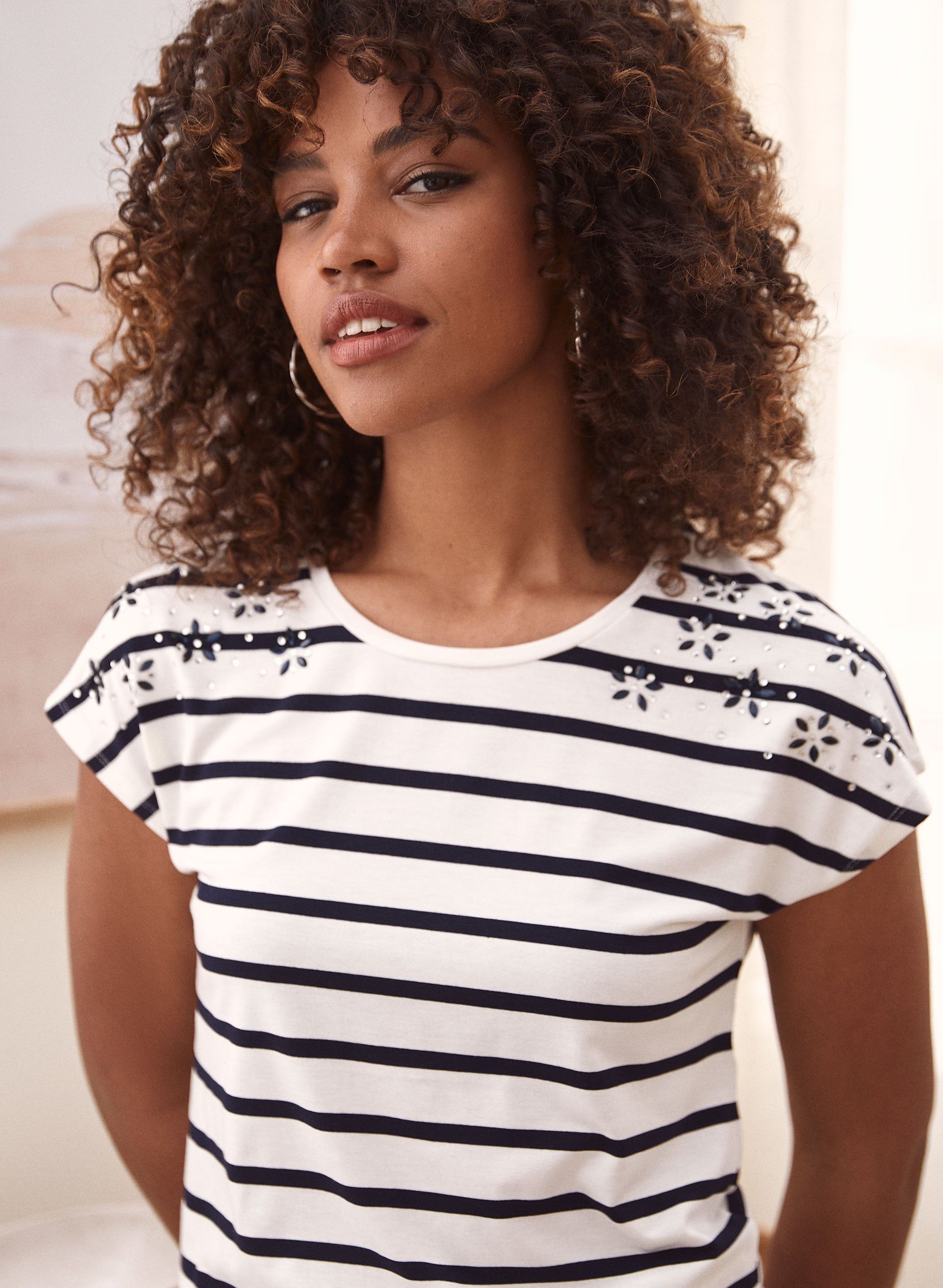 Striped Rhinestone Detail Tee sold by Laura
