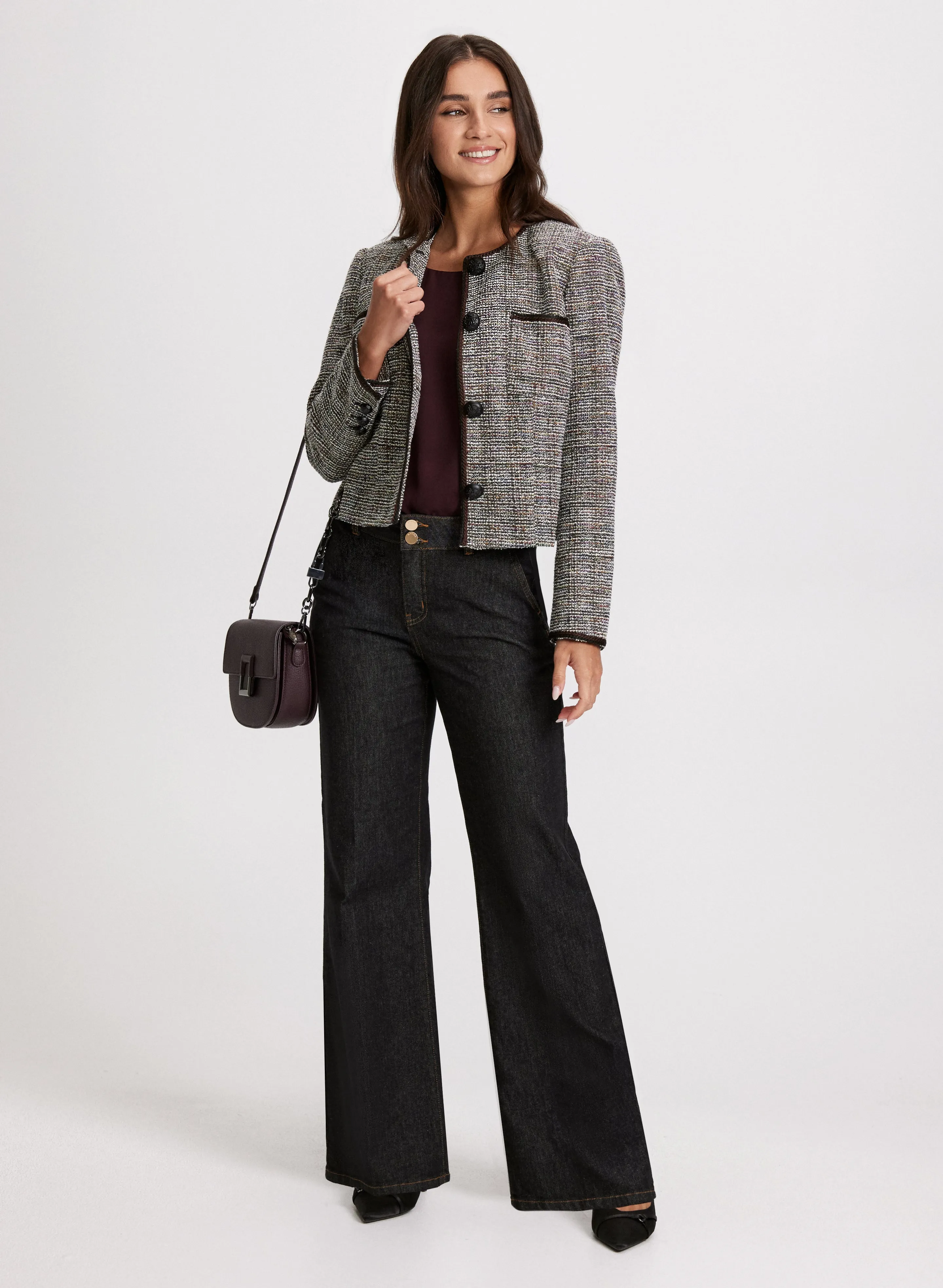 Single-Button Boucle Jacket & Flare Leg Jeans sold by Laura
