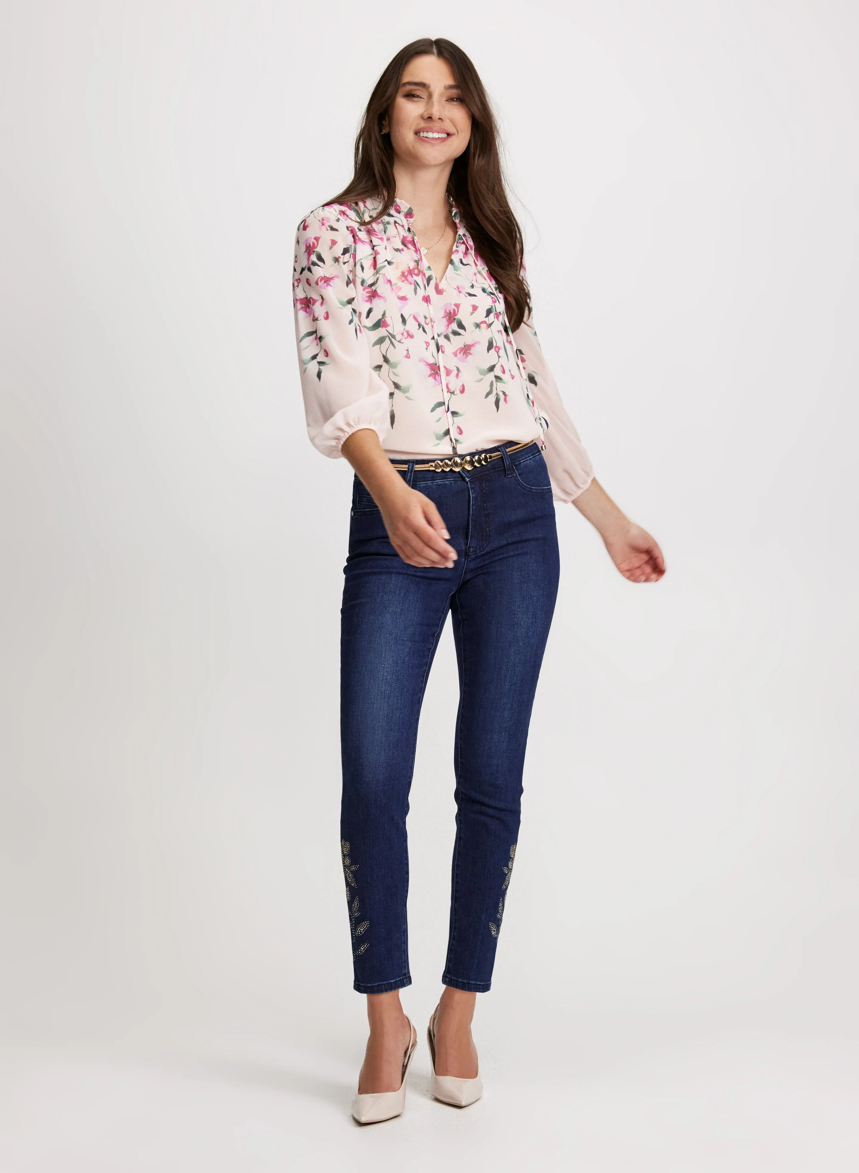 Puff Sleeve Floral Blouse & Embellished Hem Ankle Jeans sold by Laura