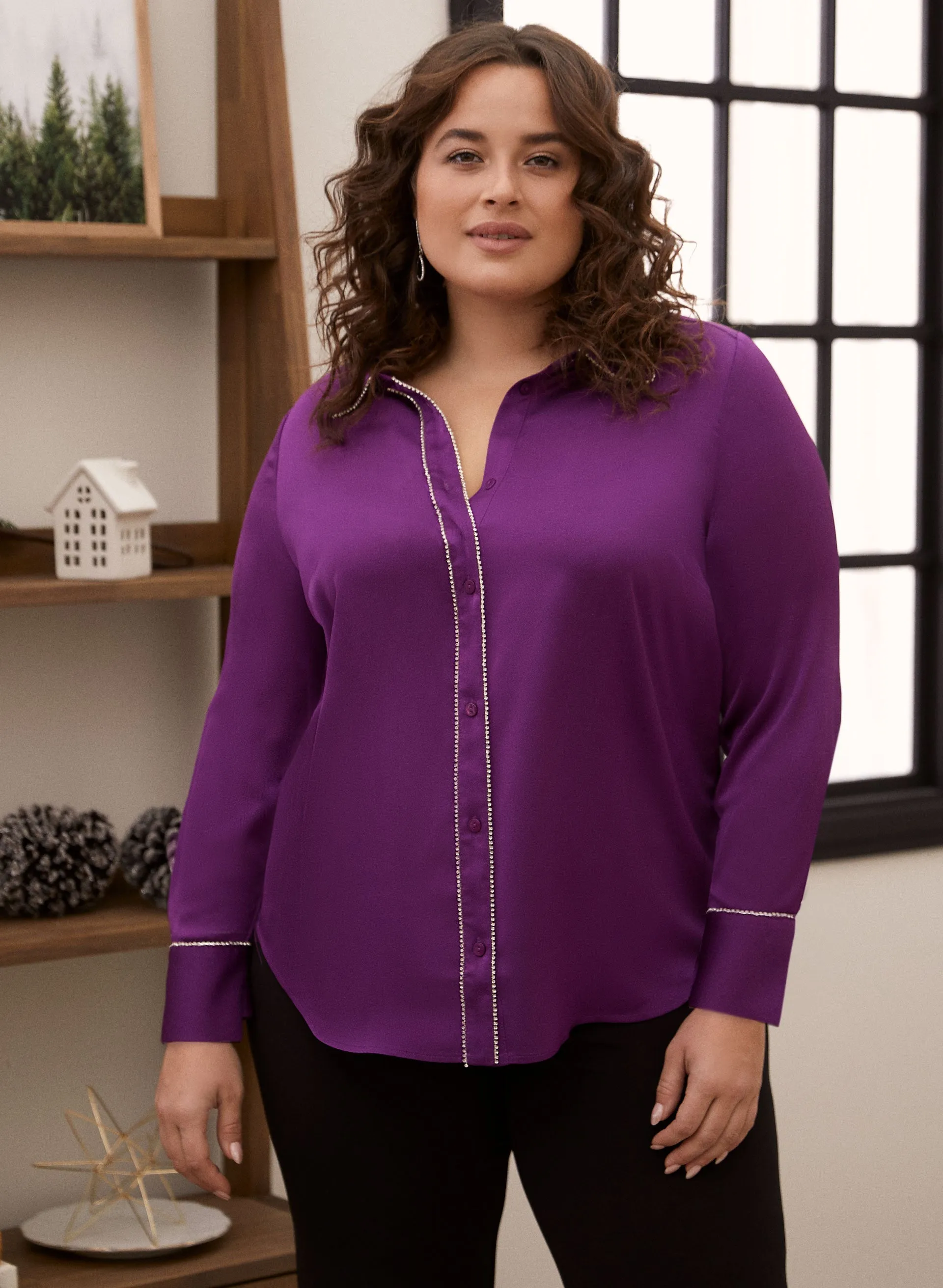 Rhinestone Trim Satin Blouse sold by Laura