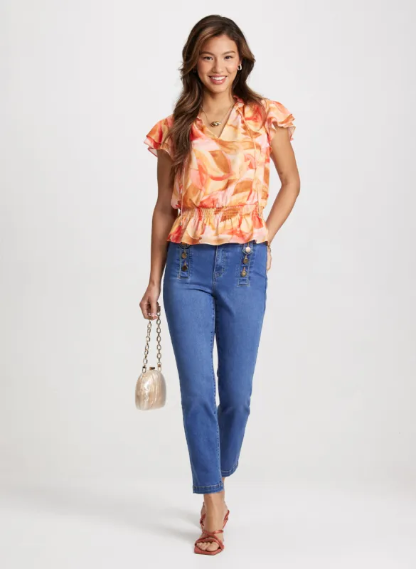 Tropical Print Blouse & Button Trim Jeans sold by Laura