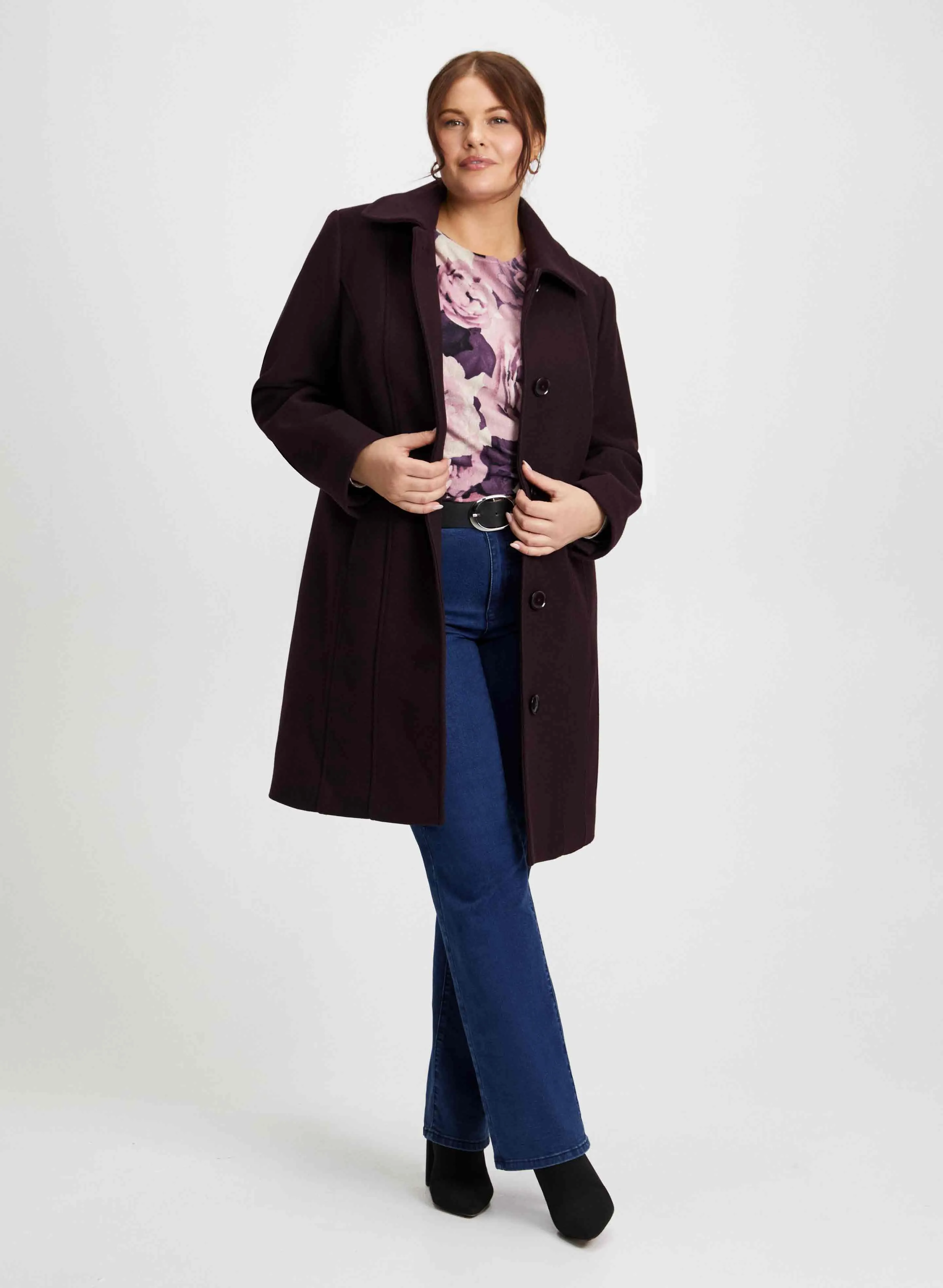 Wool Blend Coat, Floral Print Sweater & Bootcut Jeans sold by Laura