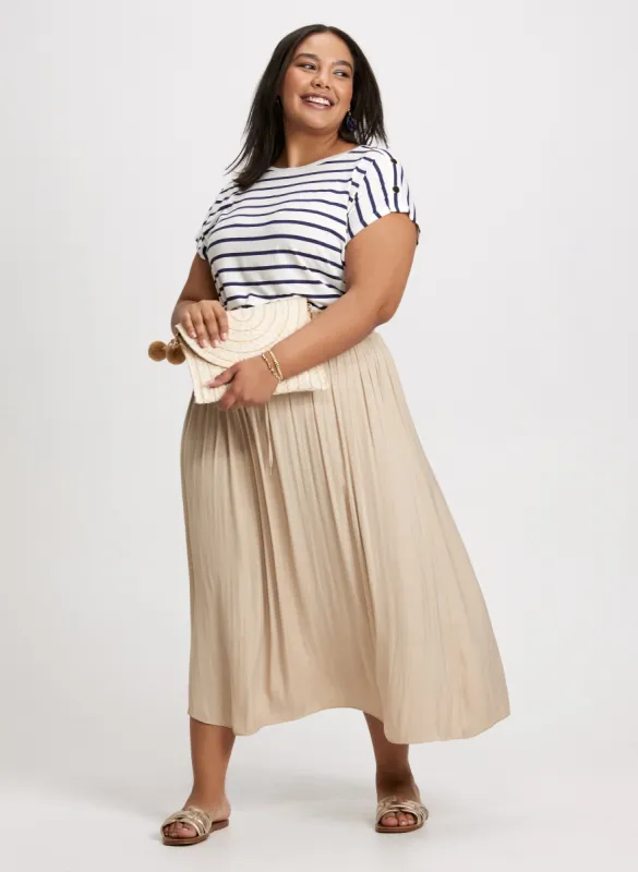 Buttoned Shoulder Striped T-Shirt & Smocked Waist Satin Maxi Skirt sold by Laura