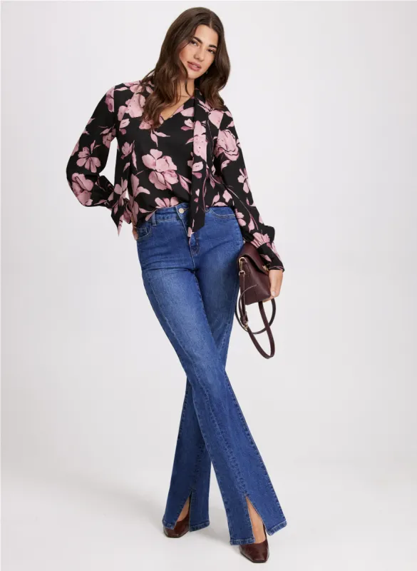 Floral Print Blouse & Flared Slit Jeans sold by Laura