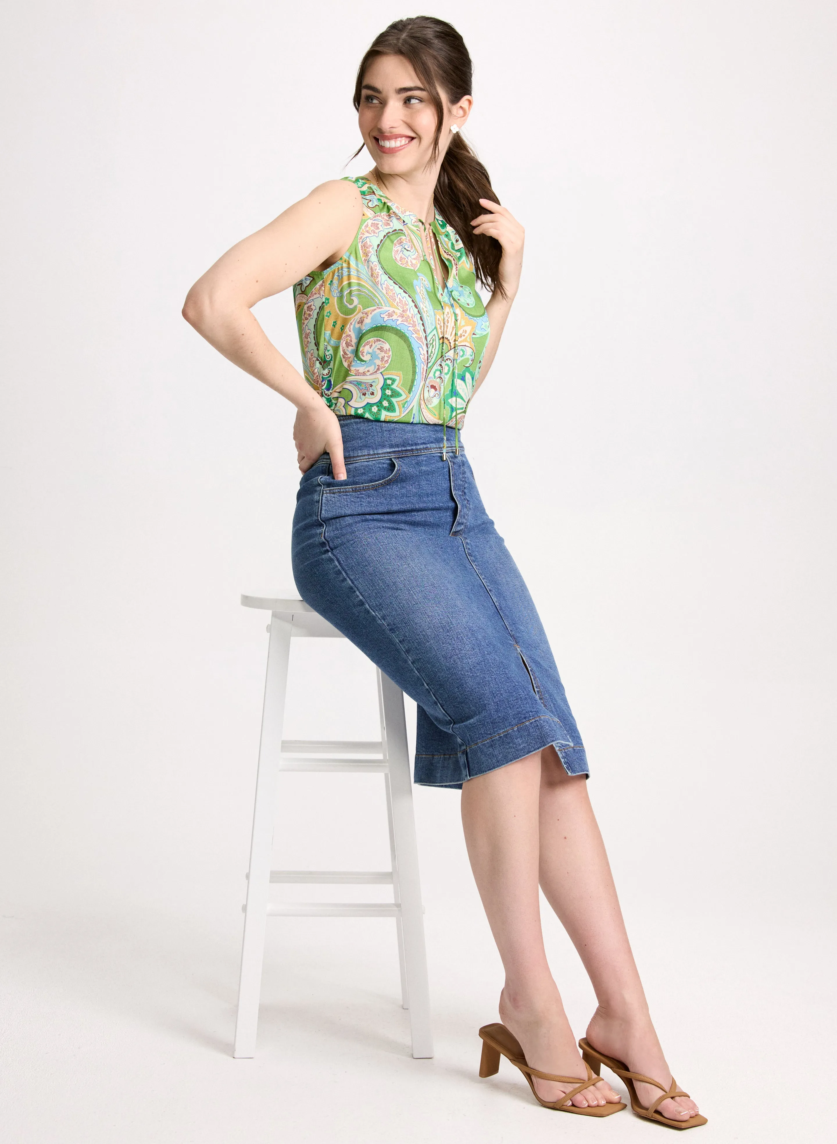 Paisley Sleeveless Blouse & Slit-Hem Denim Skirt sold by Laura