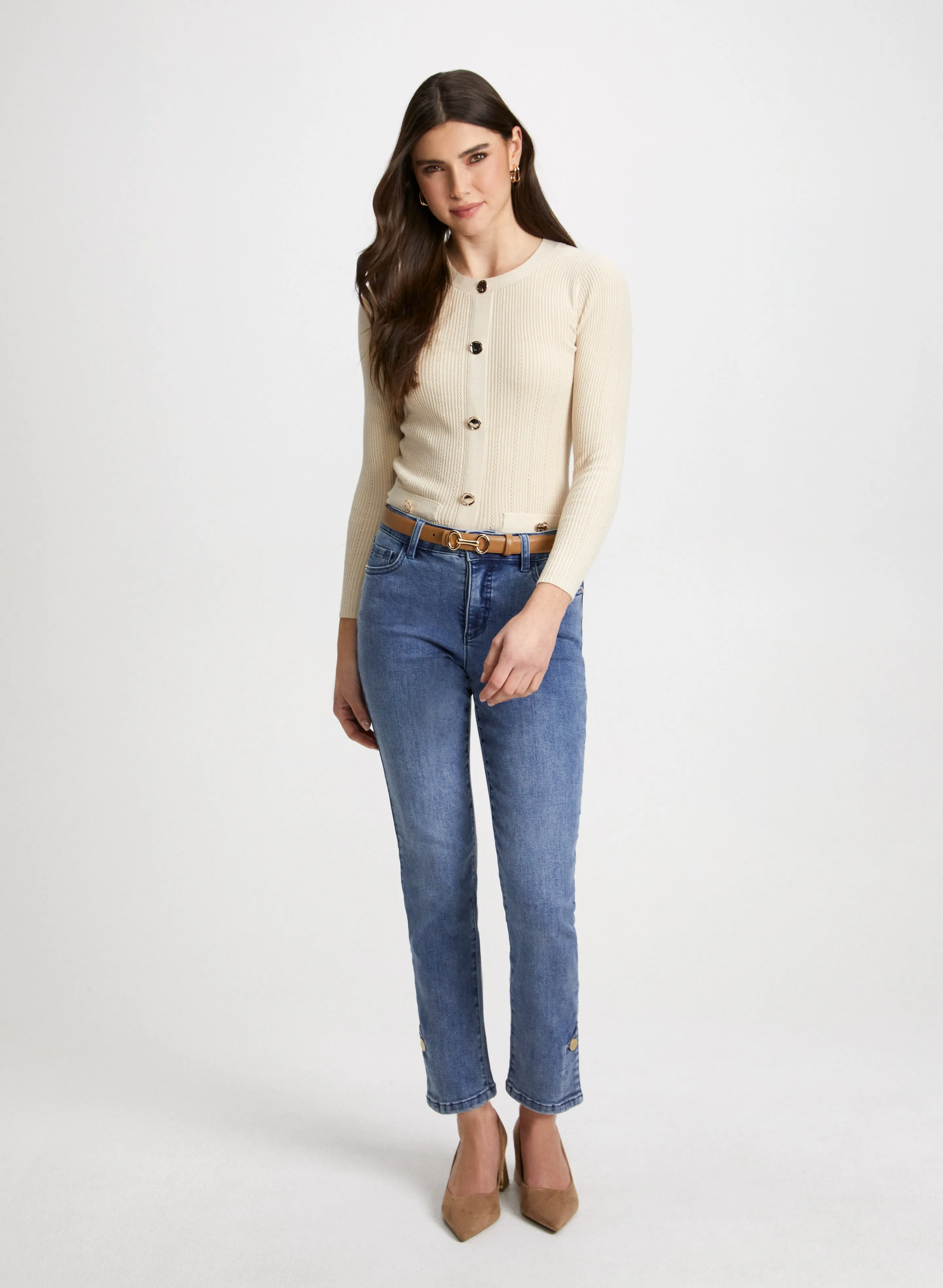 Pointelle Stitch Sweater & Button Hem Jeans sold by Laura