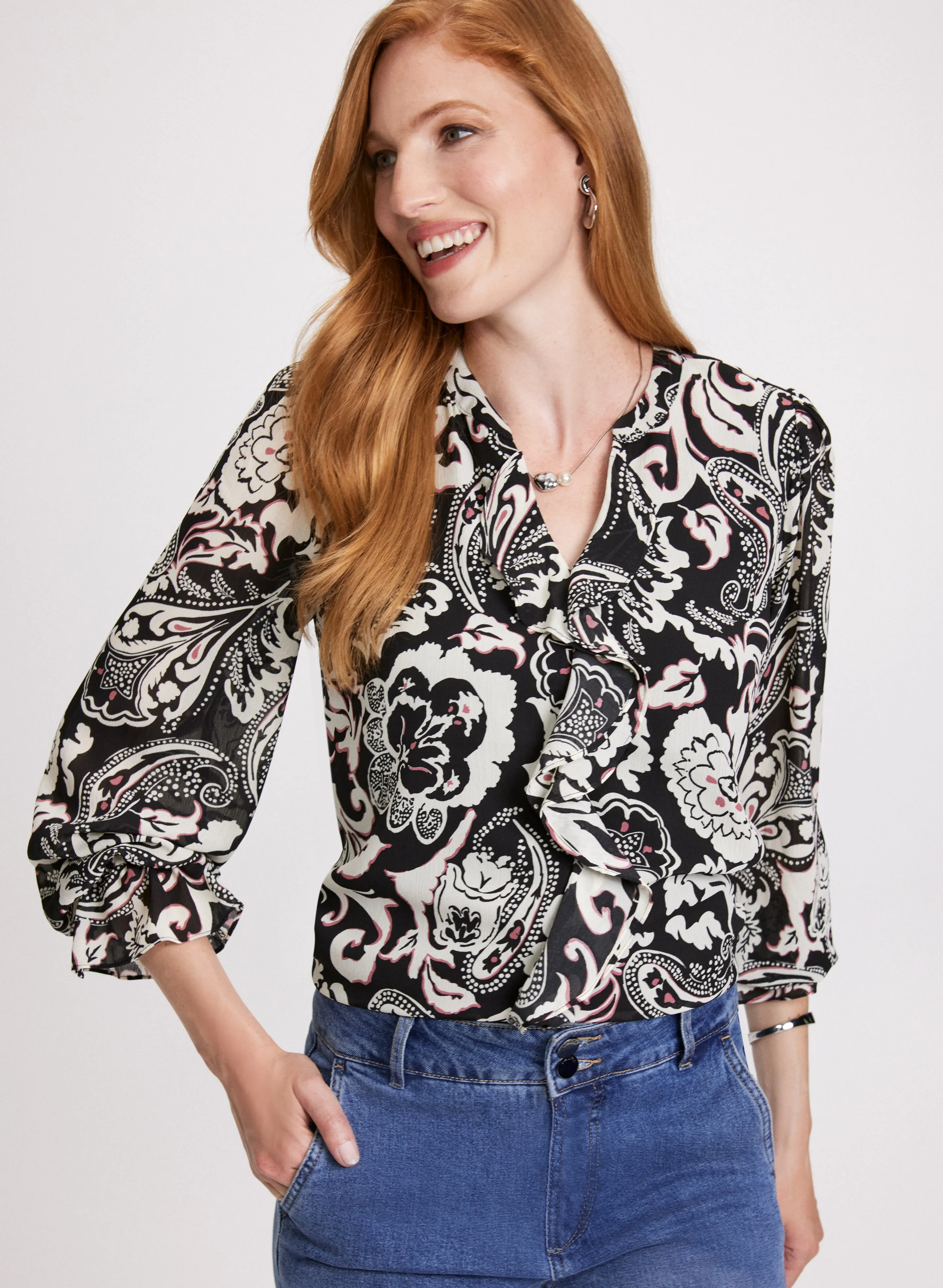 Paisley Print Ruffle Front Blouse sold by Laura