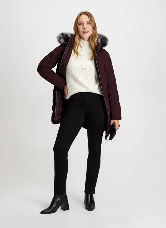 Stretch Vegan Down Coat & Pointelle Knit Sweater sold by Laura
