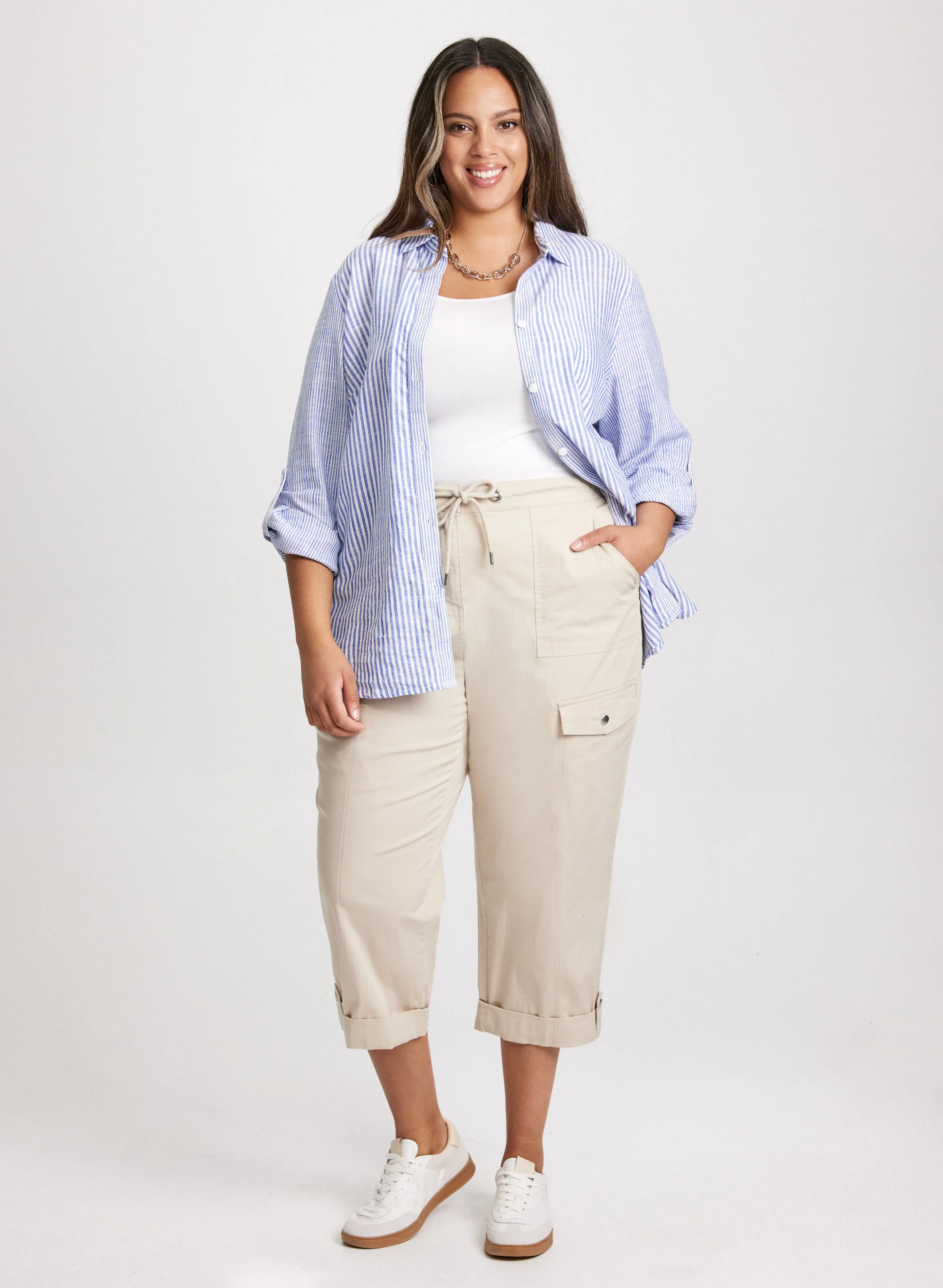 Striped Linen-Blend Blouse & Cargo Capris sold by Laura