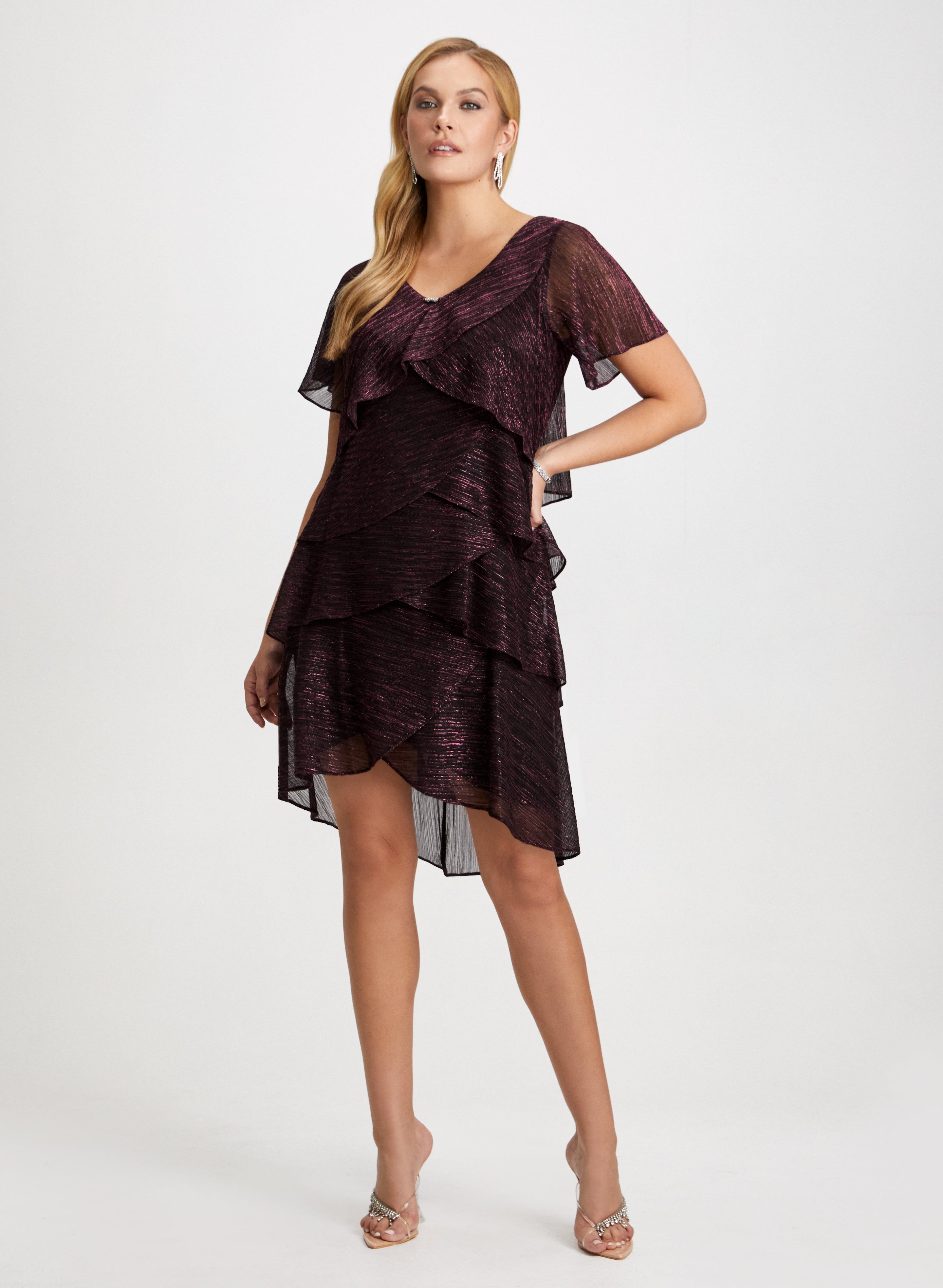 Brooch Detail Tiered Metallic Dress sold by Laura