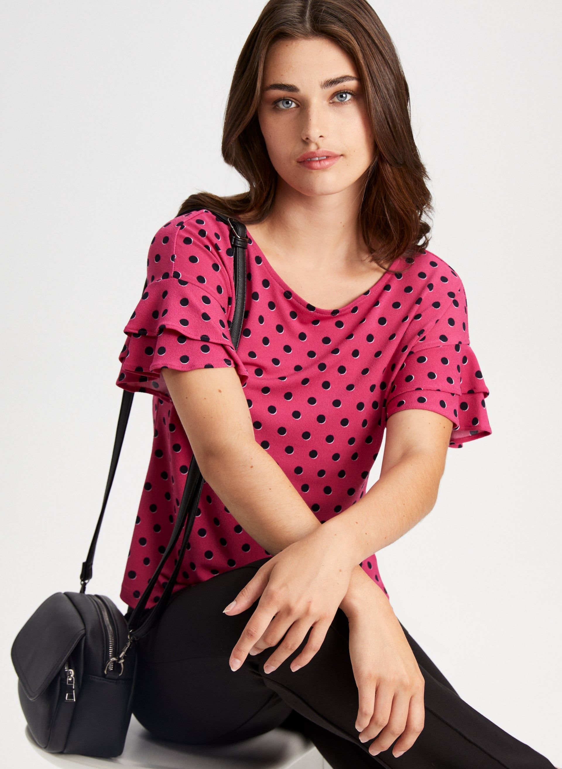 Dot Print Ruffle Sleeve Top sold by Laura