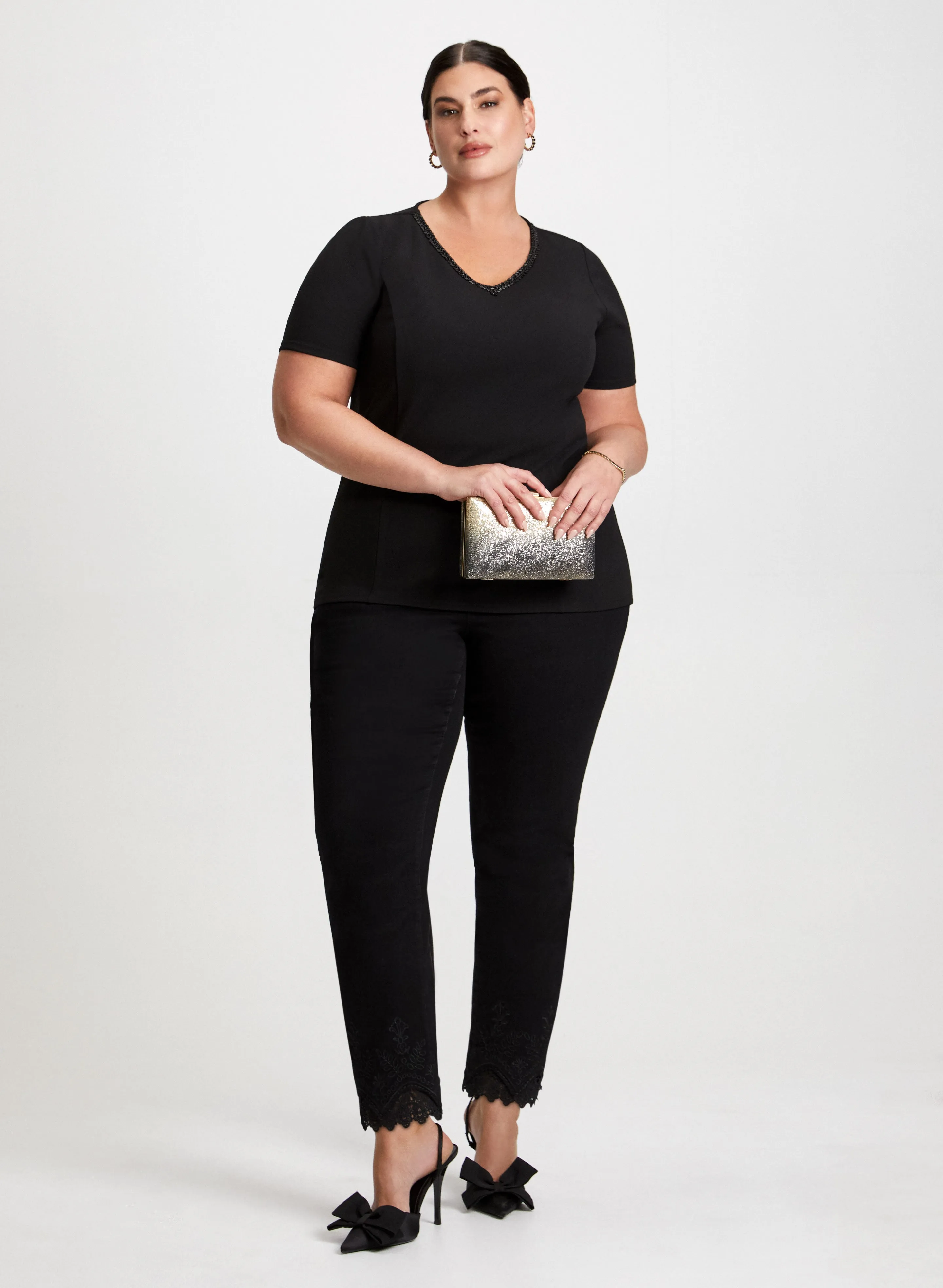 Beaded V-Neck Top & Lace Hem Pants sold by Laura