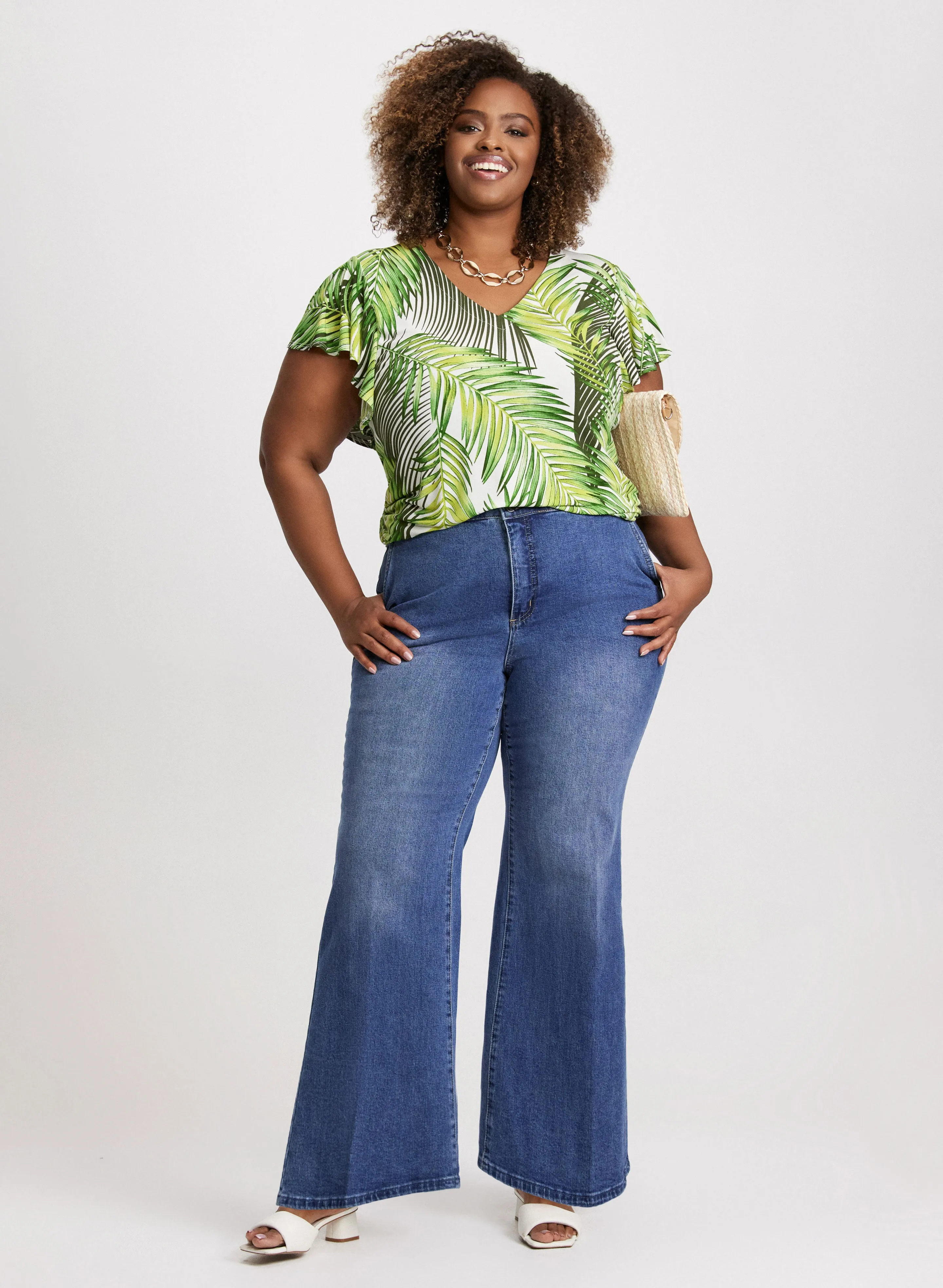 Leaf Print Ruffled Sleeve Top & Flare Leg Denim Pants sold by Laura