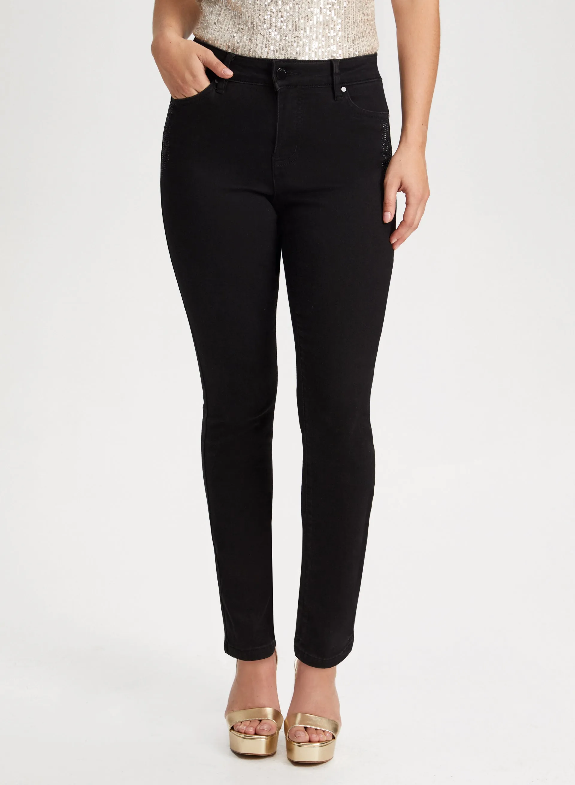 Rhinestone Detail Straight Leg Jeans sold by Laura