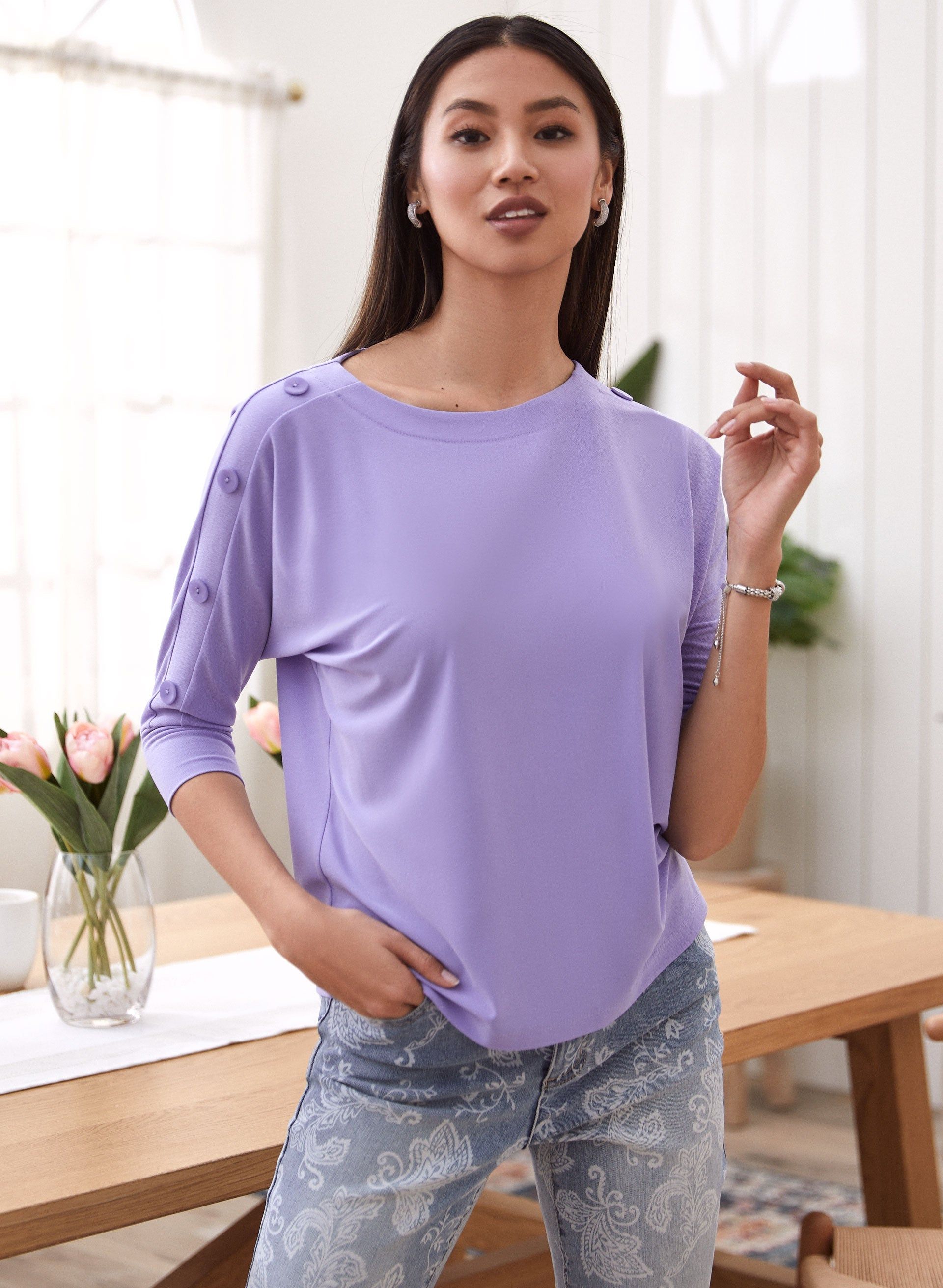 Button Detail 3/4 Sleeve Top sold by Laura