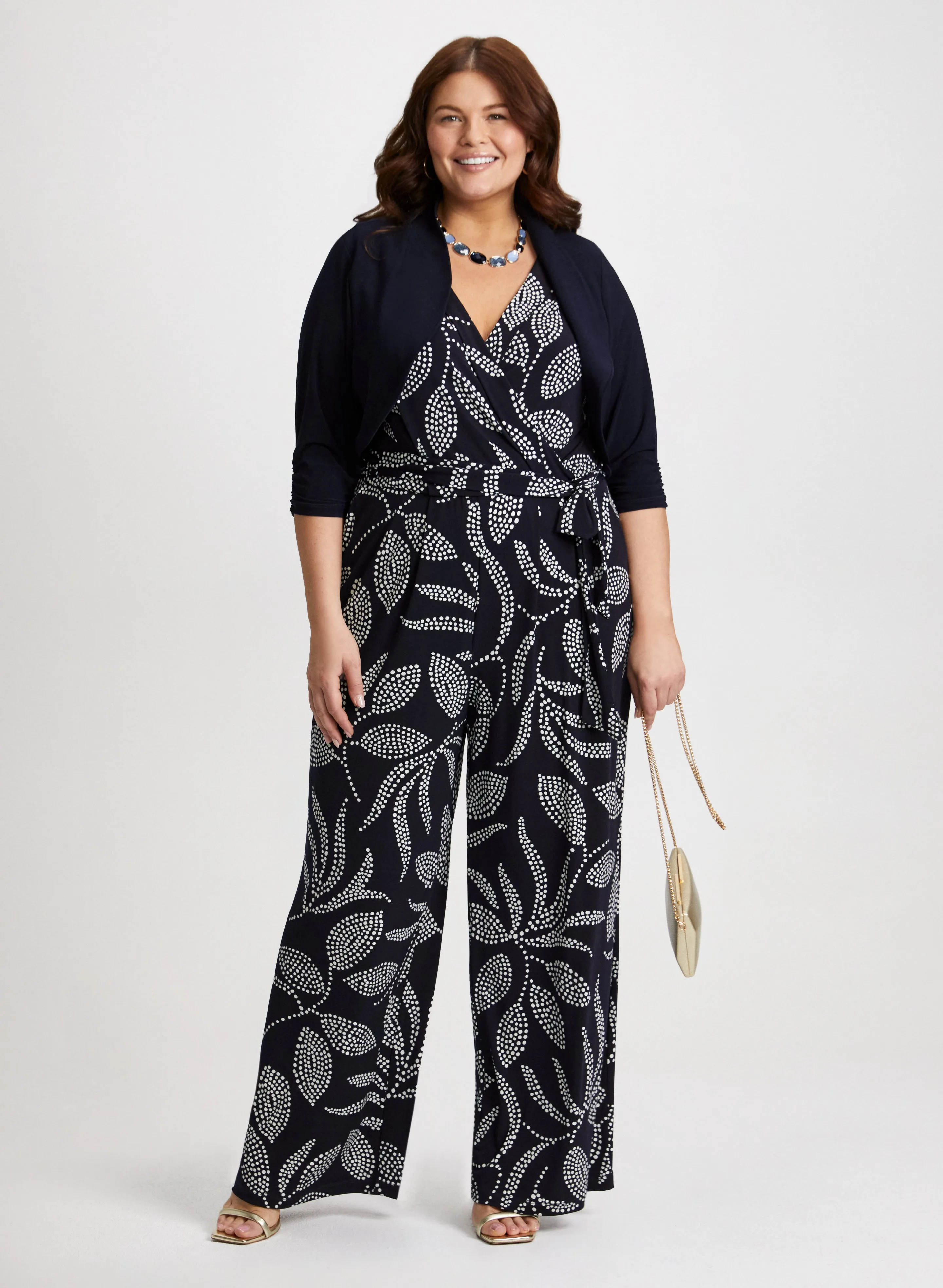 Stand Collar Bolero & Leaf Print Wide Leg Jumpsuit sold by Laura