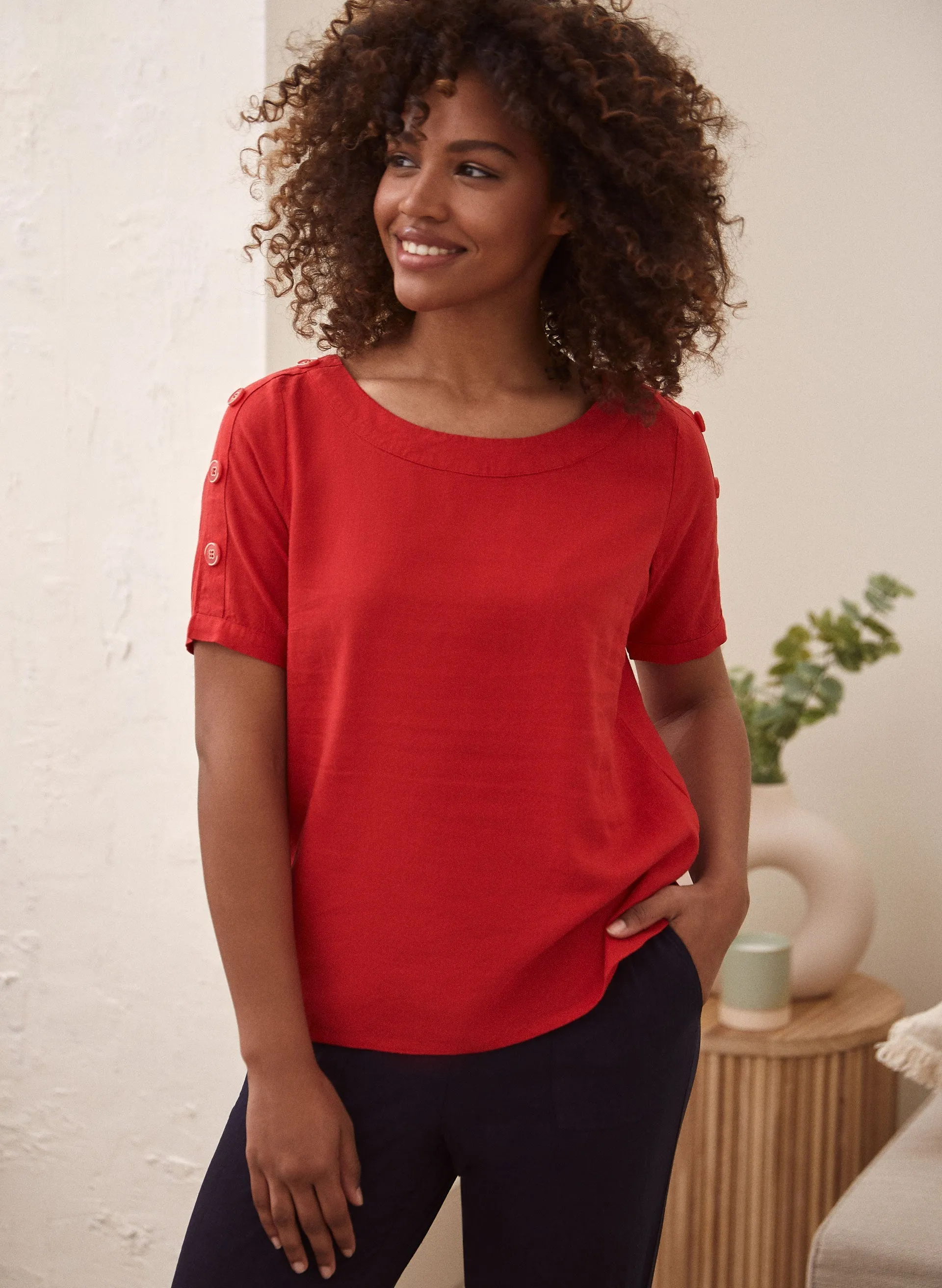 Button Detail Linen Top sold by Laura