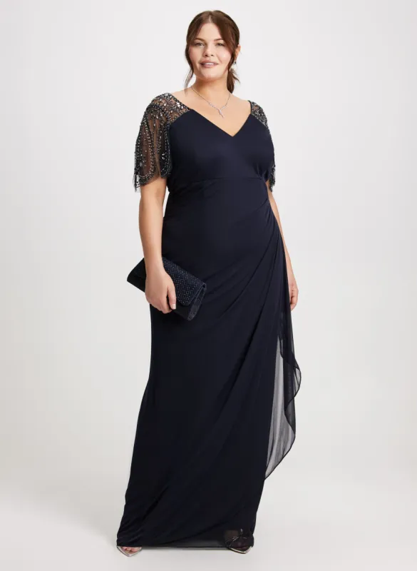 Beaded Mesh Flutter Sleeve Dress sold by Laura
