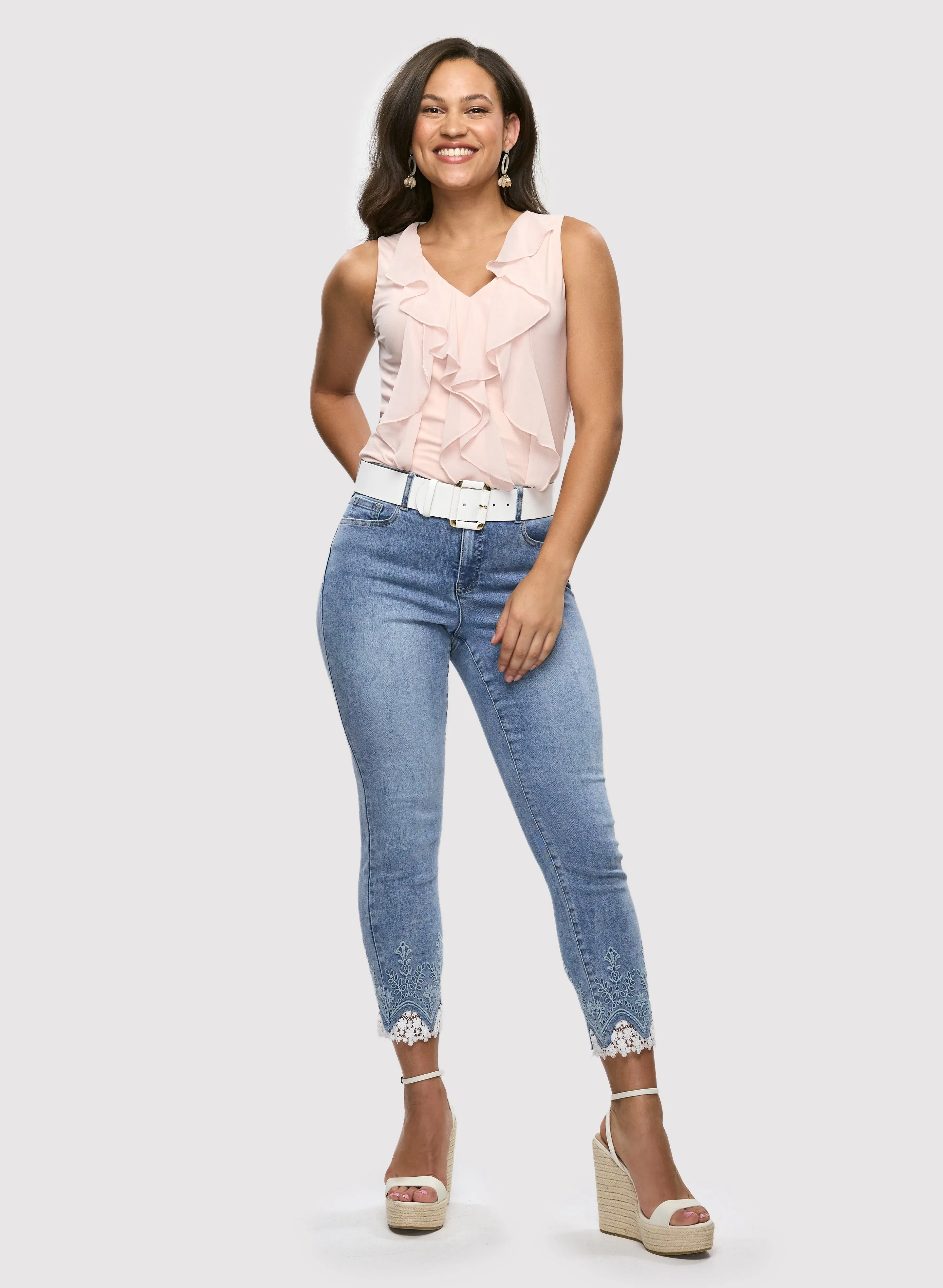 Sleeveless Ruffle Top & Lace Hem Ankle Jeans sold by Laura