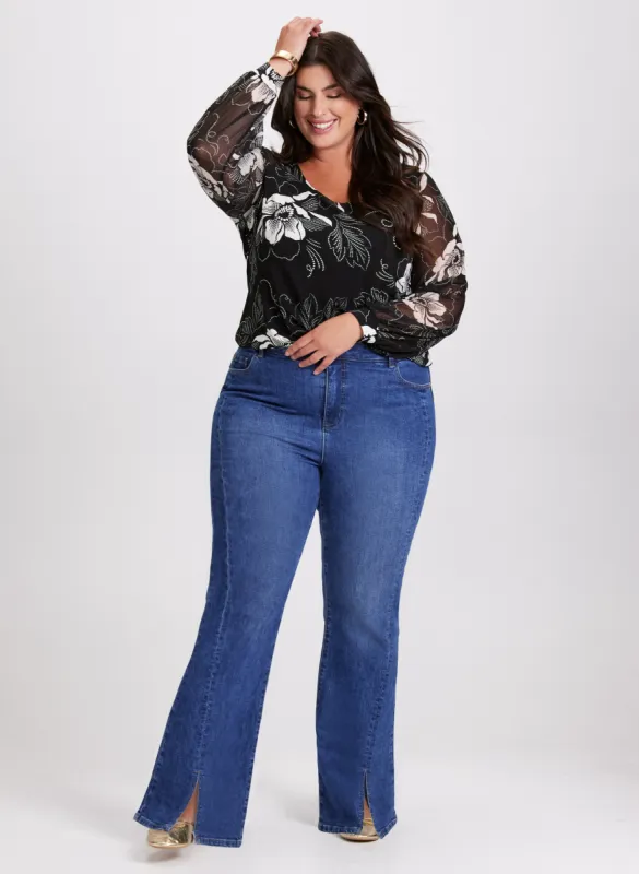Floral Balloon Sleeve Top & Flared Leg Jeans sold by Laura