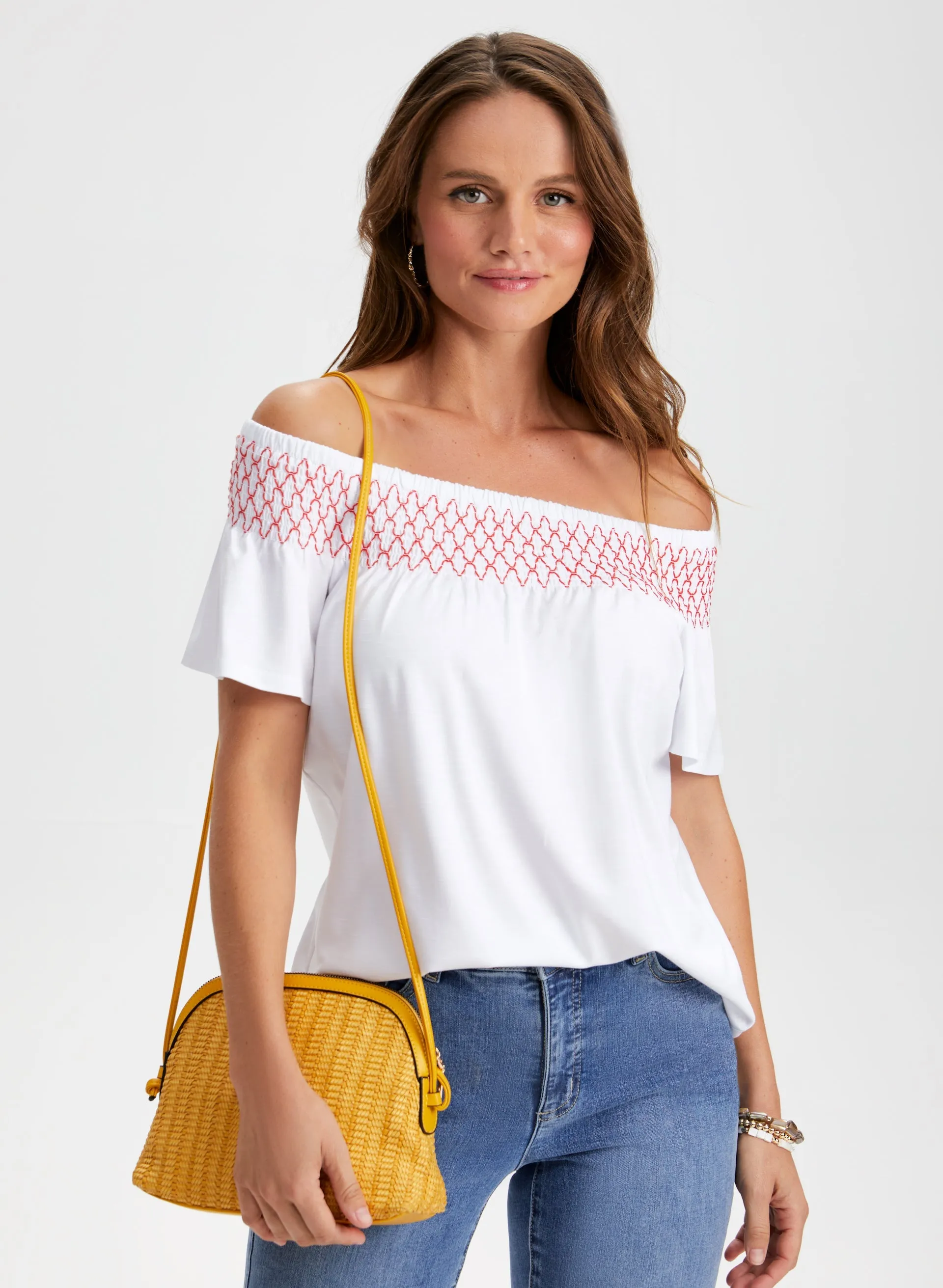 Embroidered Off-the-Shoulder Tee sold by Laura