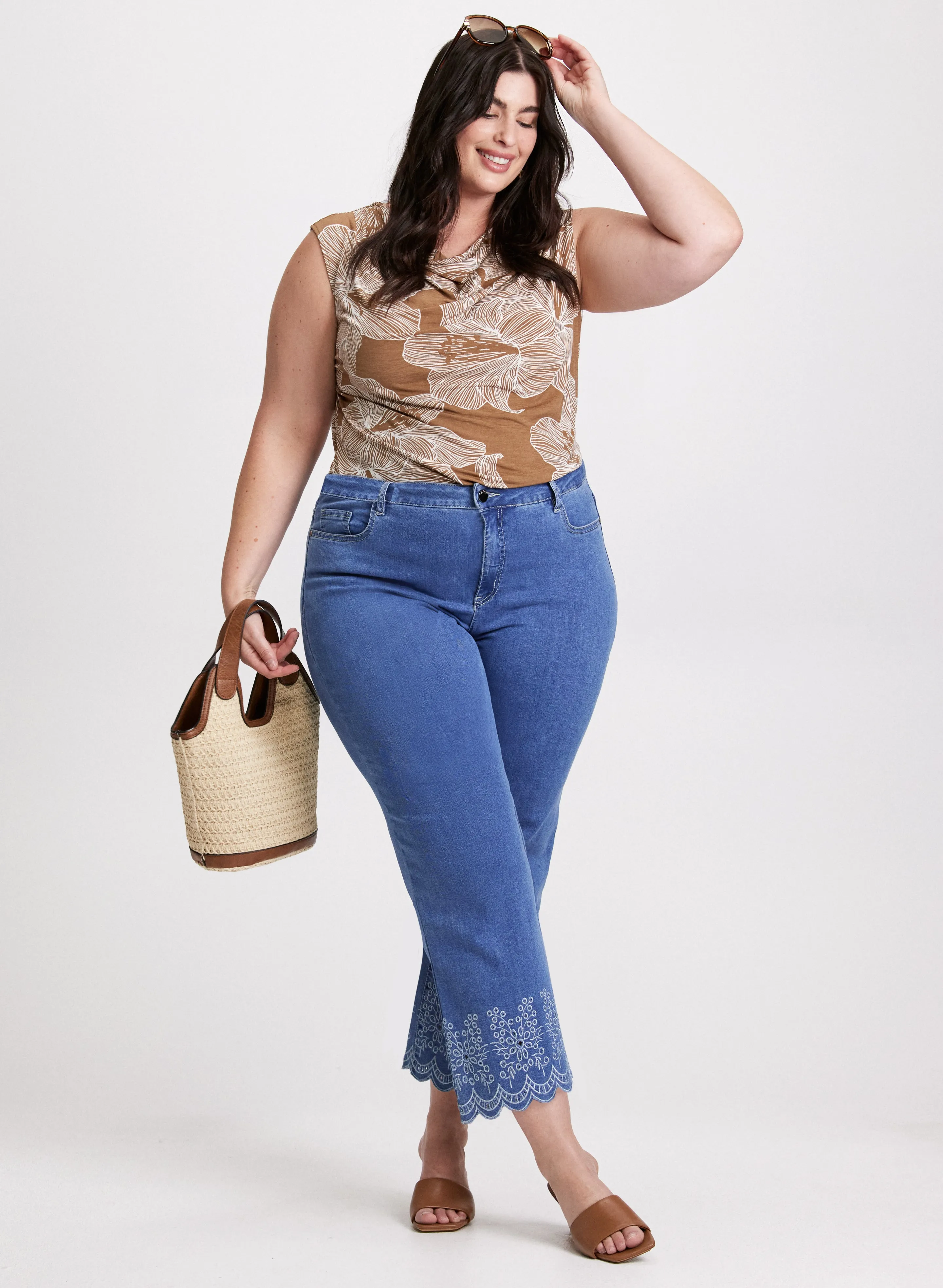Cowl-Neck Floral Print Top & Embroidered Hem Culotte Jeans sold by Laura