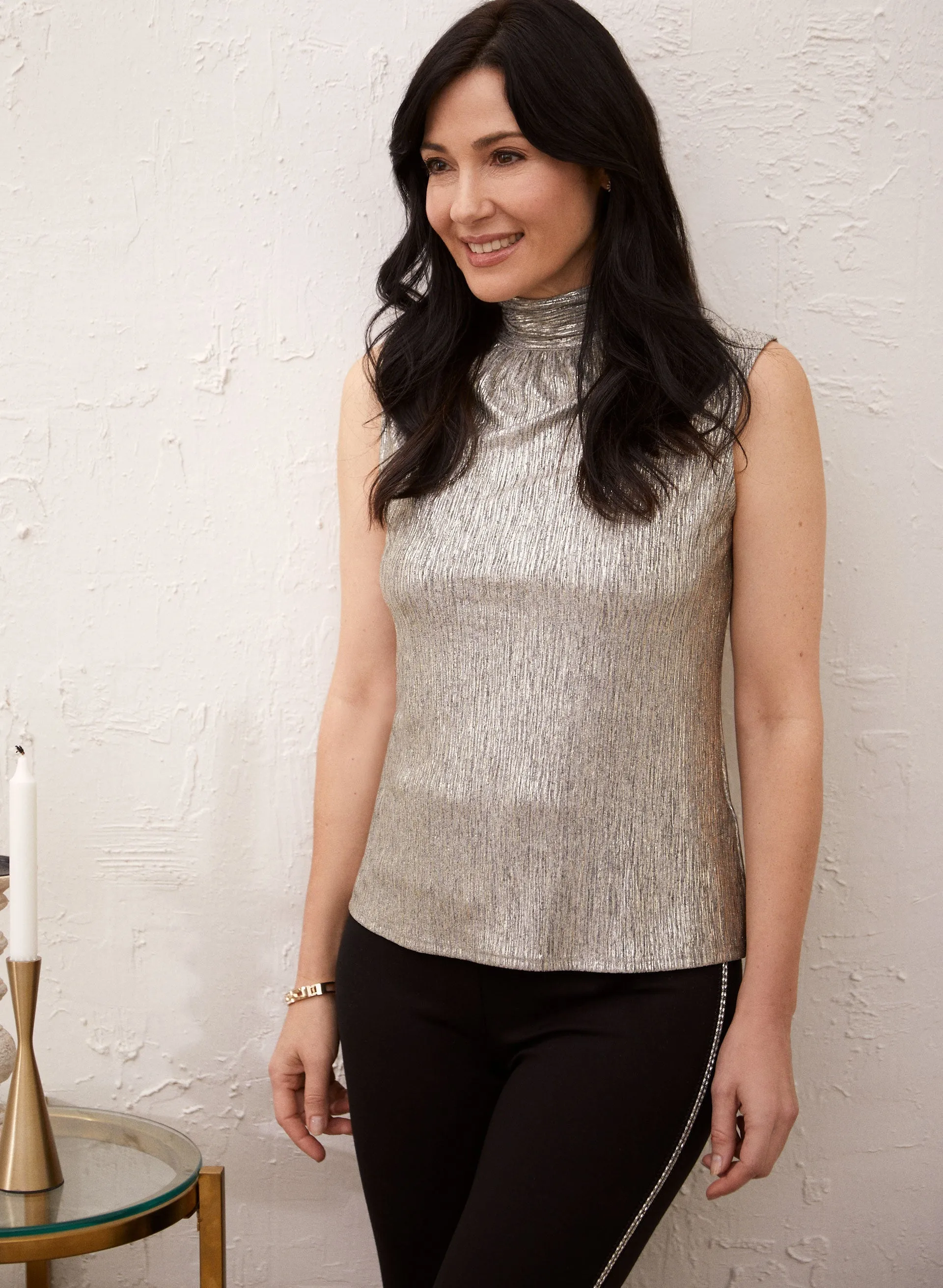 Mock Neck Metallic Plisse Top sold by Laura