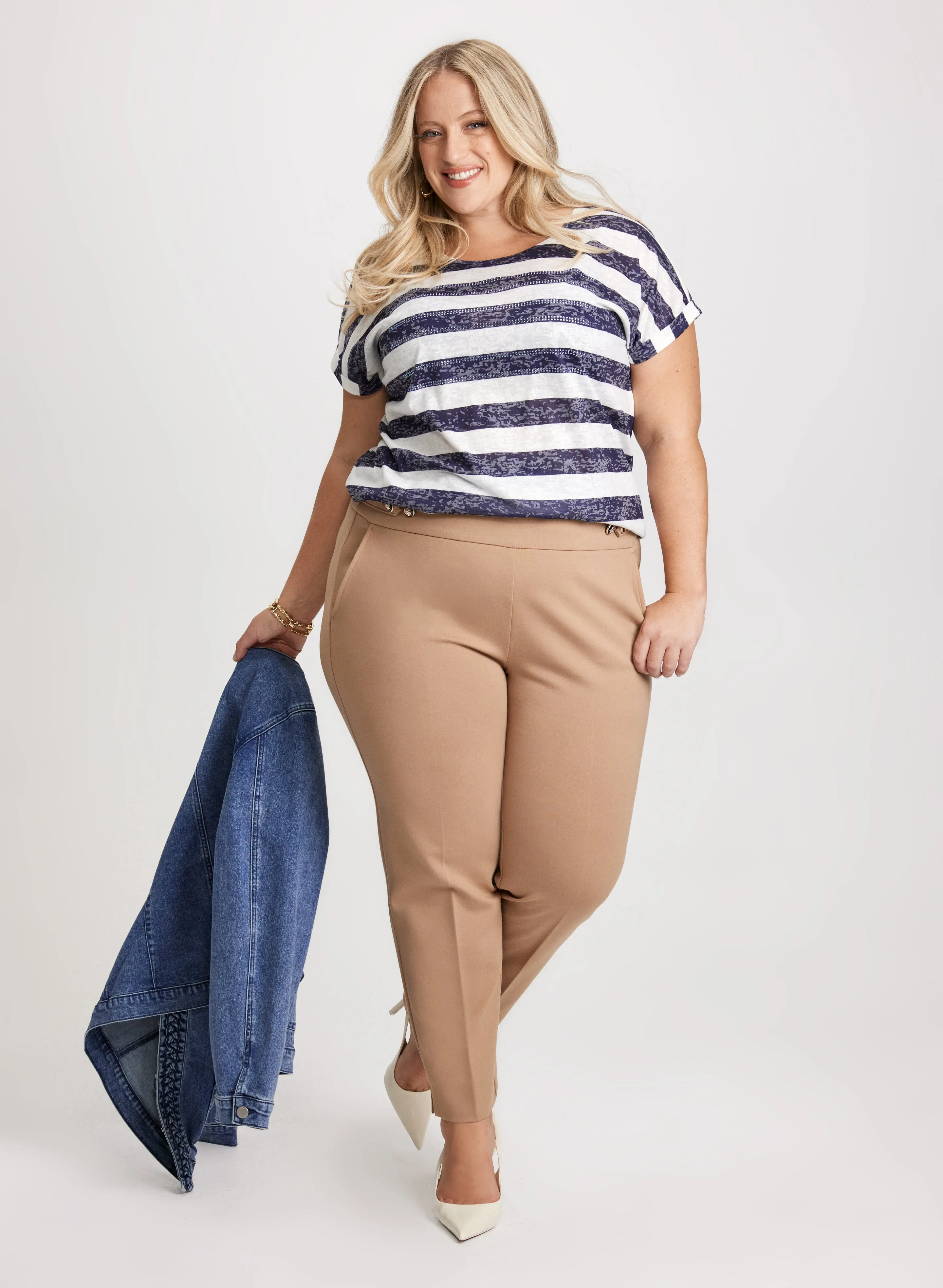 Cap Sleeve Striped T-Shirt & Button Tab Detail Pull-On Pants sold by Laura