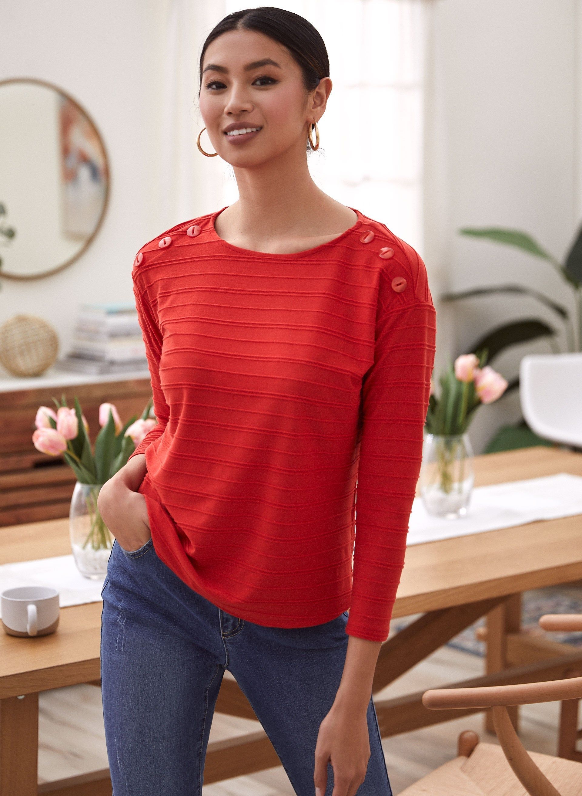 Button Detail Textured Stripe Top sold by Laura