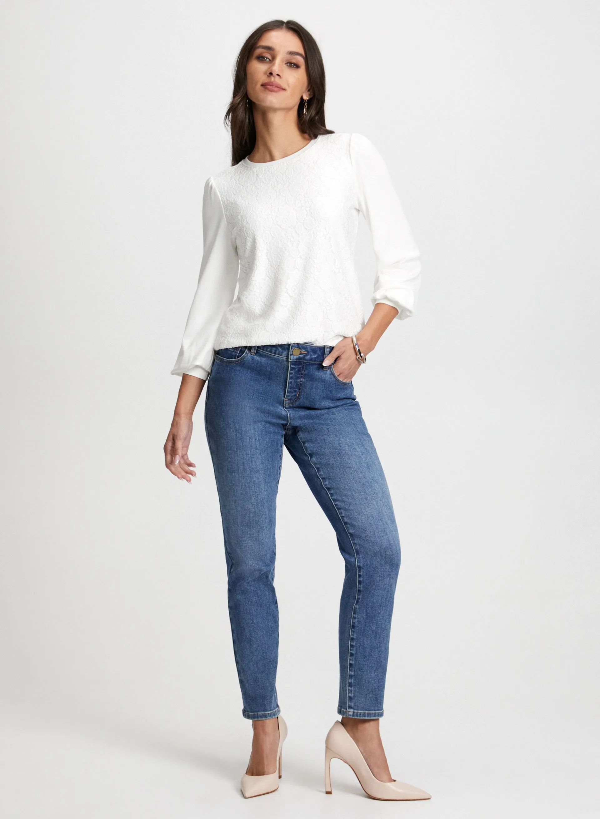 Lace Front Top & Straight Leg Jeans sold by Laura