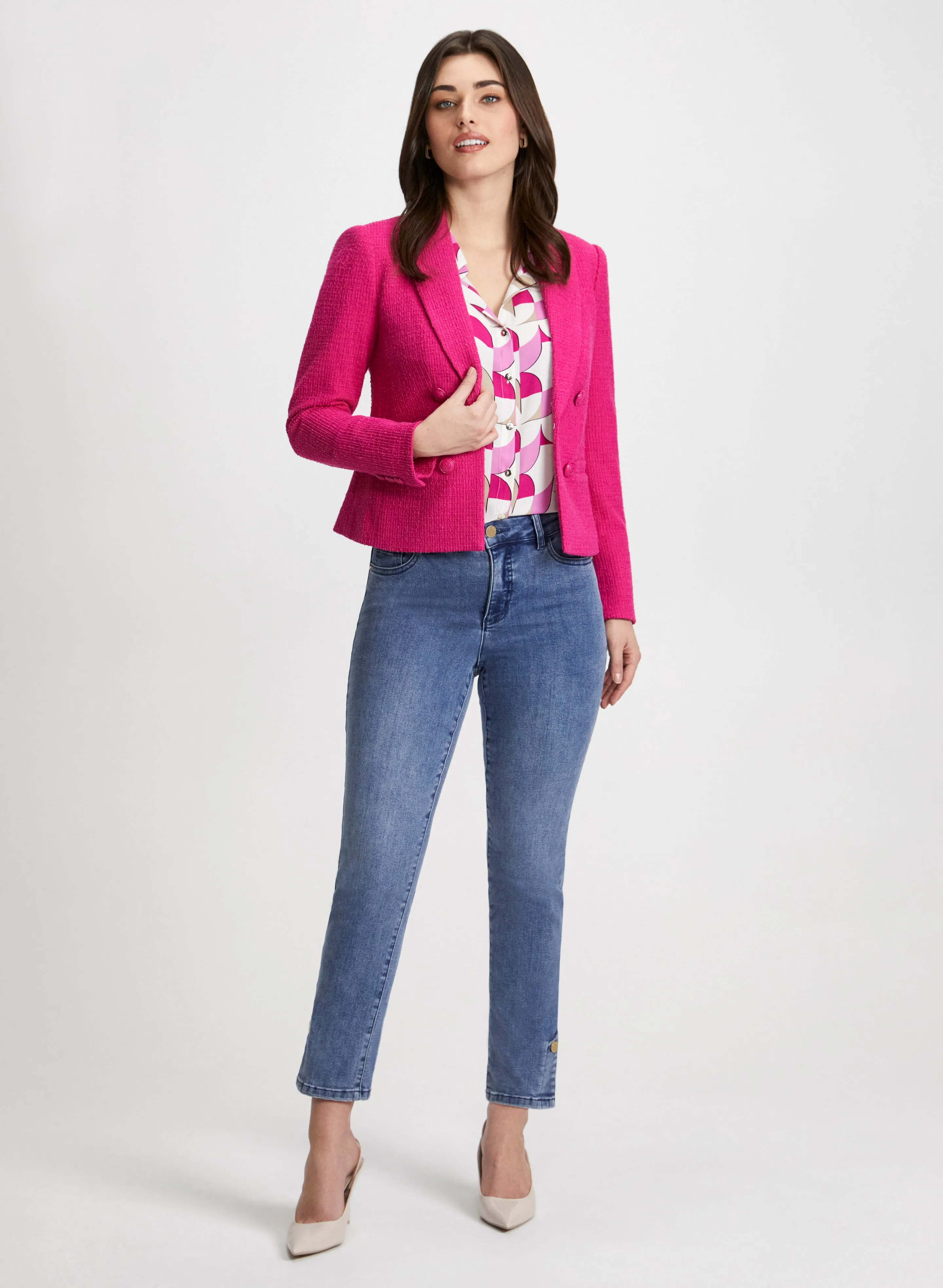 Short Bouclé Jacket & Button Hem Jeans sold by Laura