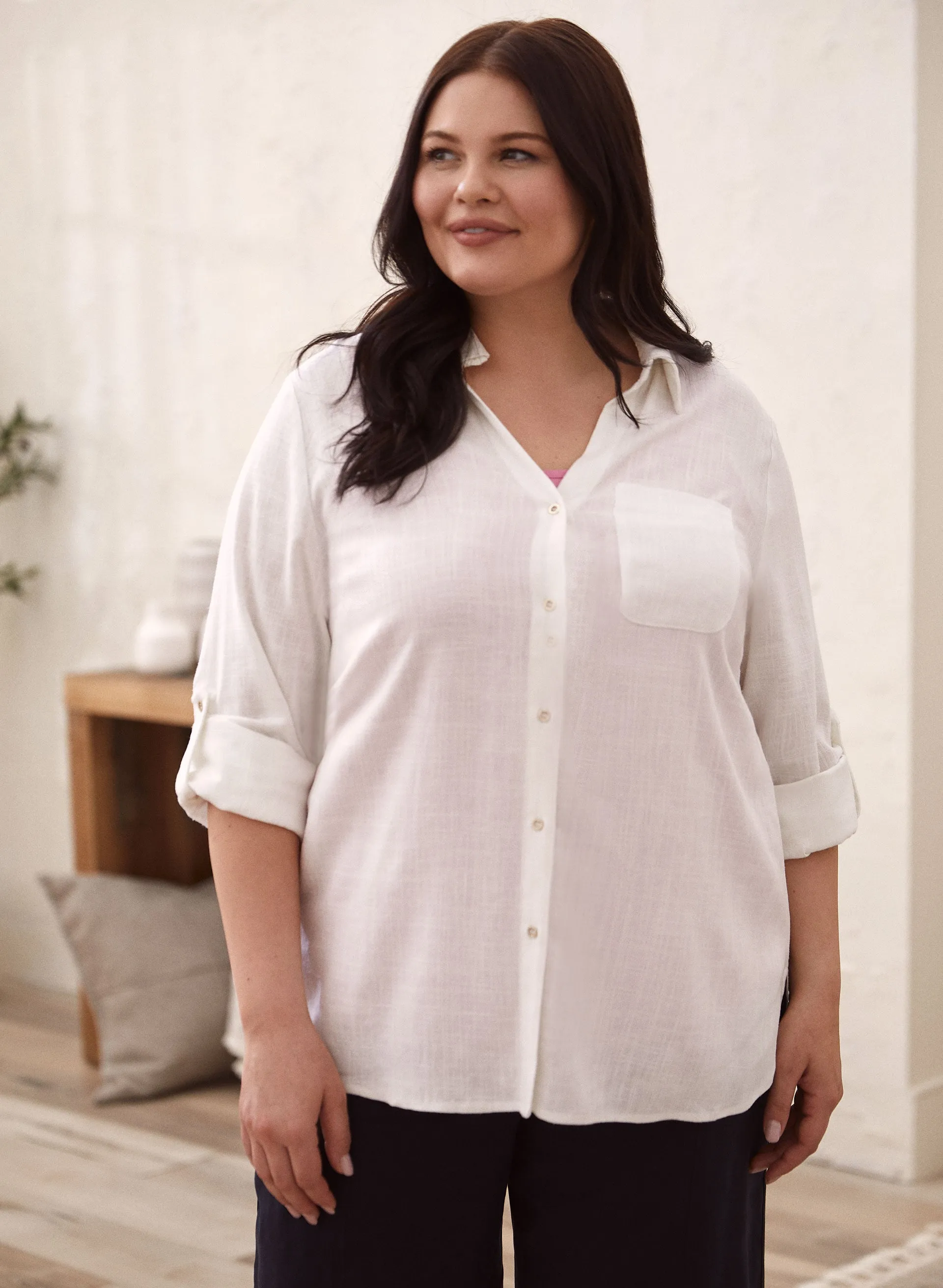 Roll-Up Sleeve Linen-Blend Blouse sold by Laura