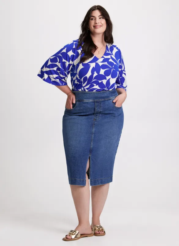 Leaf Print V-Neck Top & Denim Pencil Skirt sold by Laura