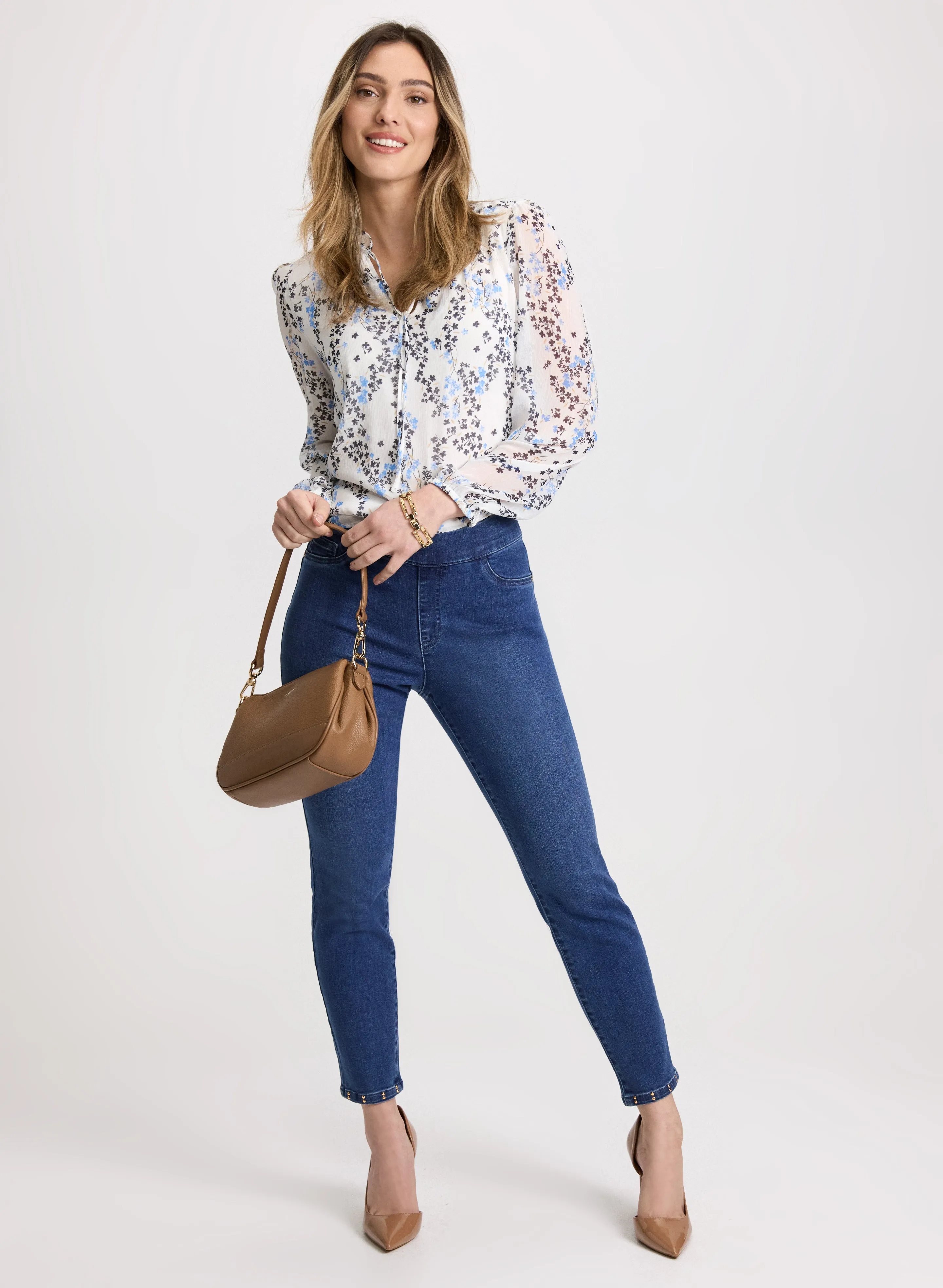 Floral Ruffle Neck Blouse & Pull-On Slim Leg Jeans sold by Laura
