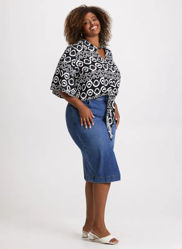 Geometric Print Blouse & Denim Pencil Skirt sold by Laura