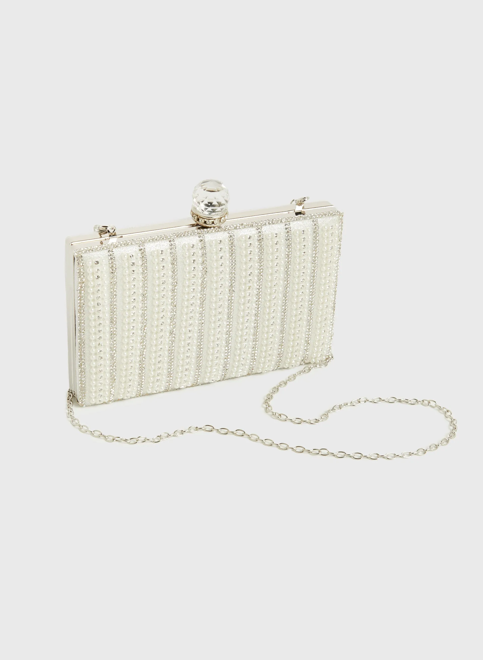 Crystal & Pearl Box Clutch sold by Laura