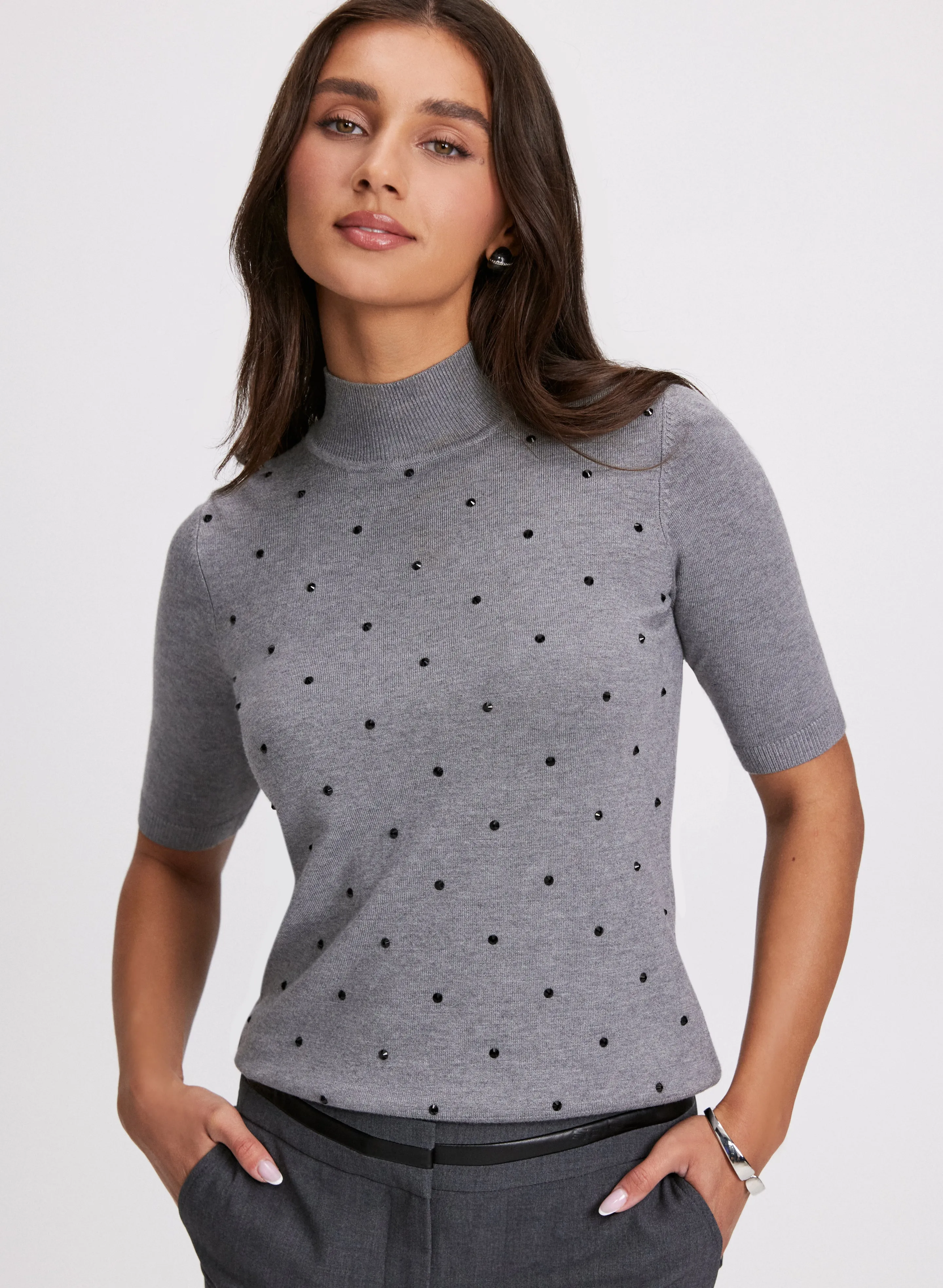 Mock Neck Rhinestone Detail Sweater sold by Laura