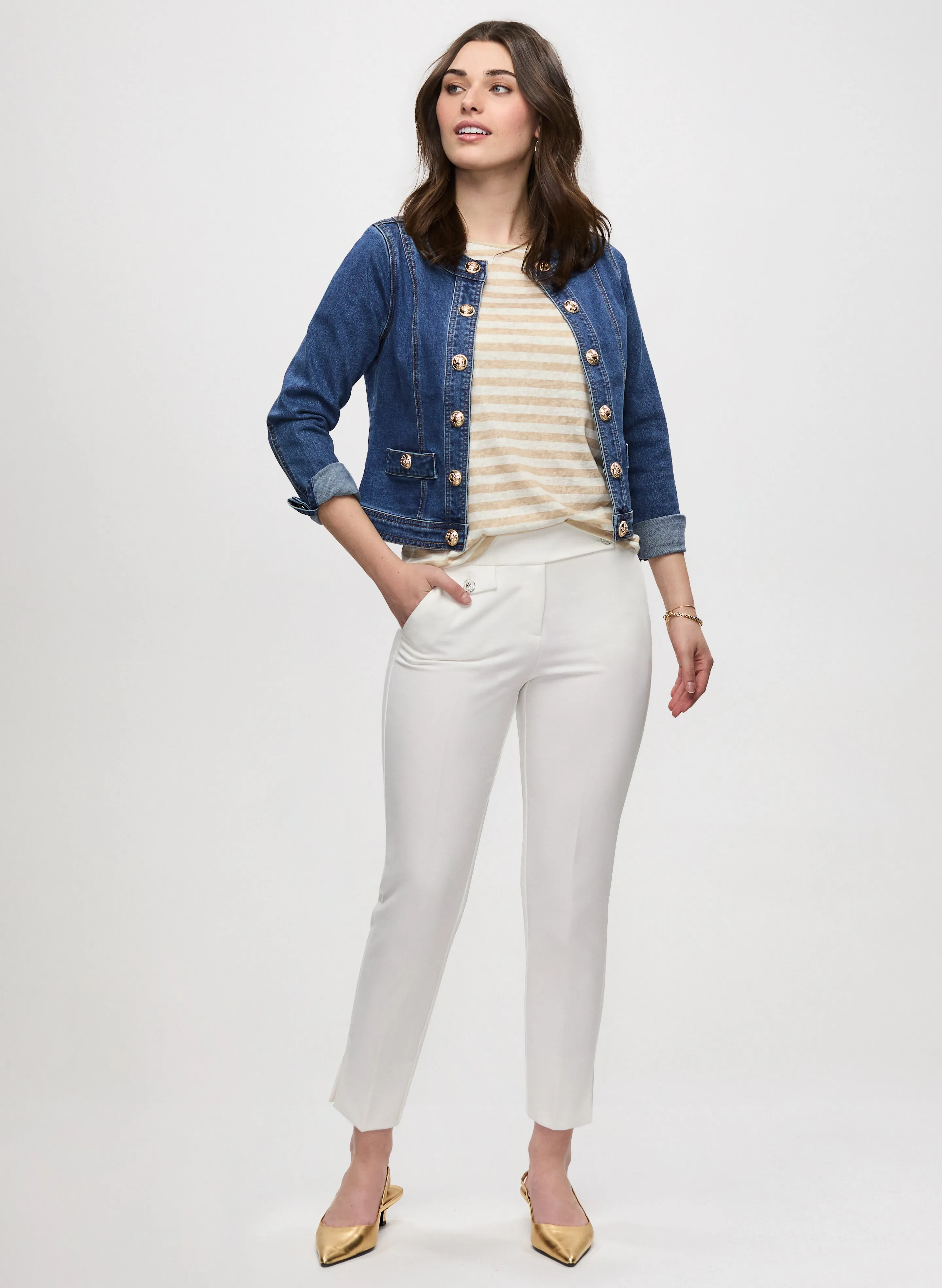 Button Trim Denim Jacket & Slim Leg Ankle Pants sold by Laura