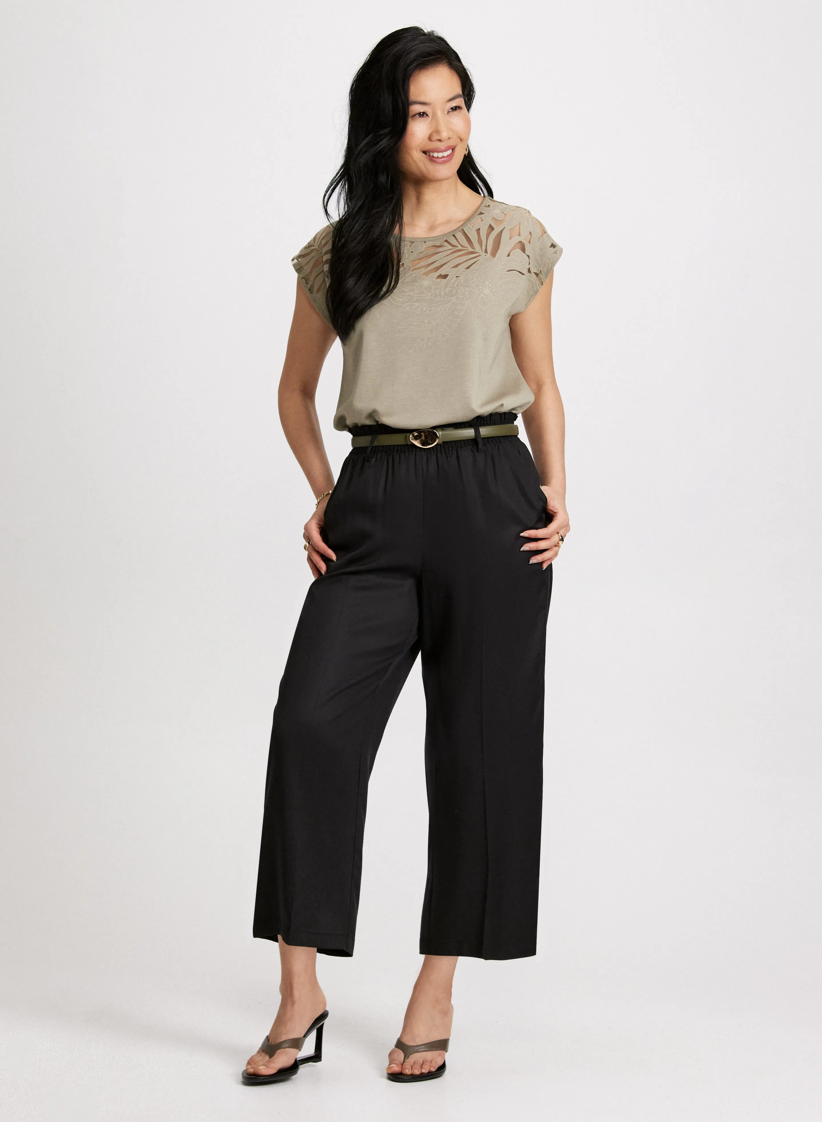 Floral Trim Burnout Tee & Belted Elastic Waist Pants sold by Laura