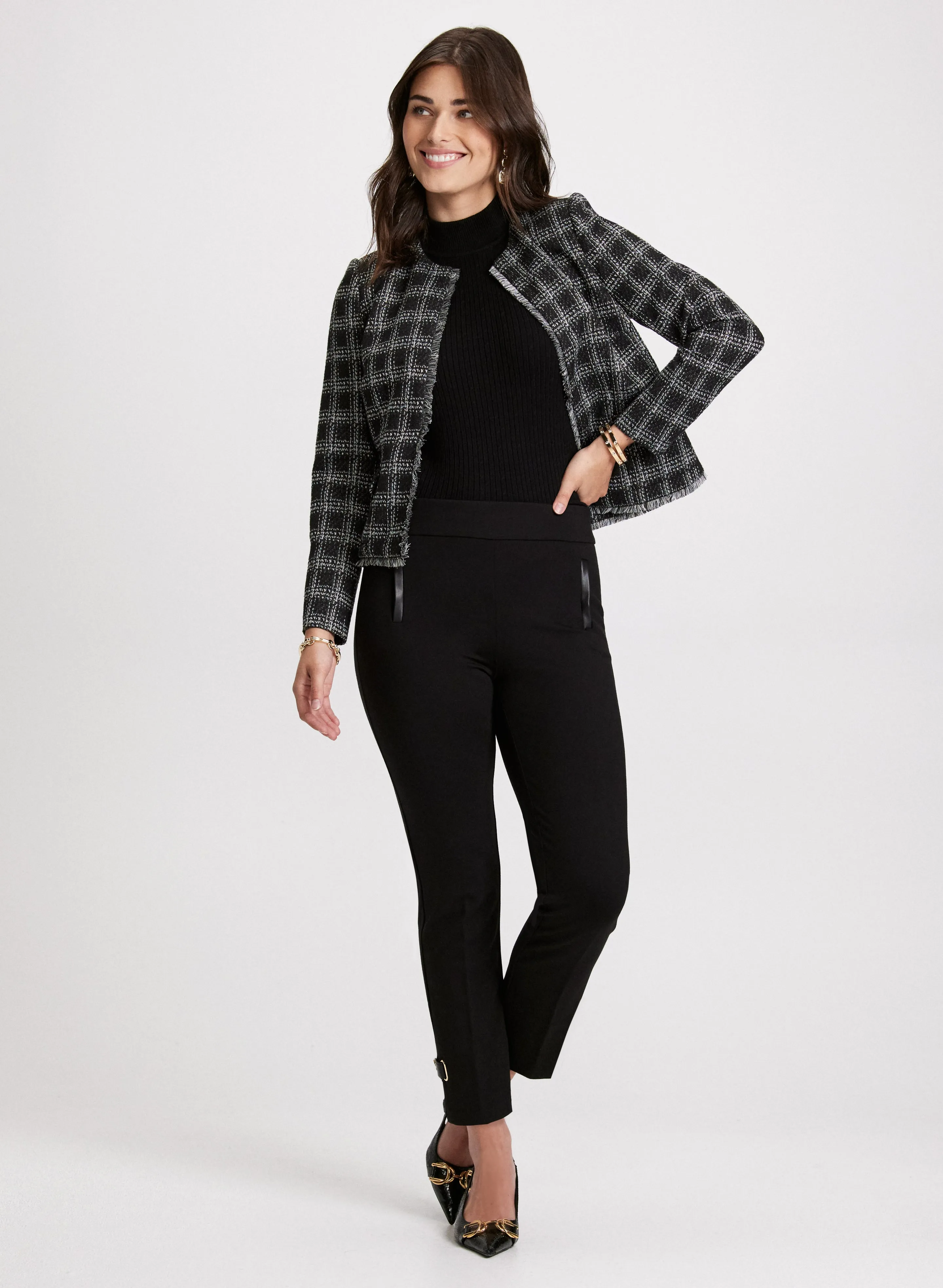 Rosette Detail Bouclé Jacket & Slim-Leg Pants sold by Laura