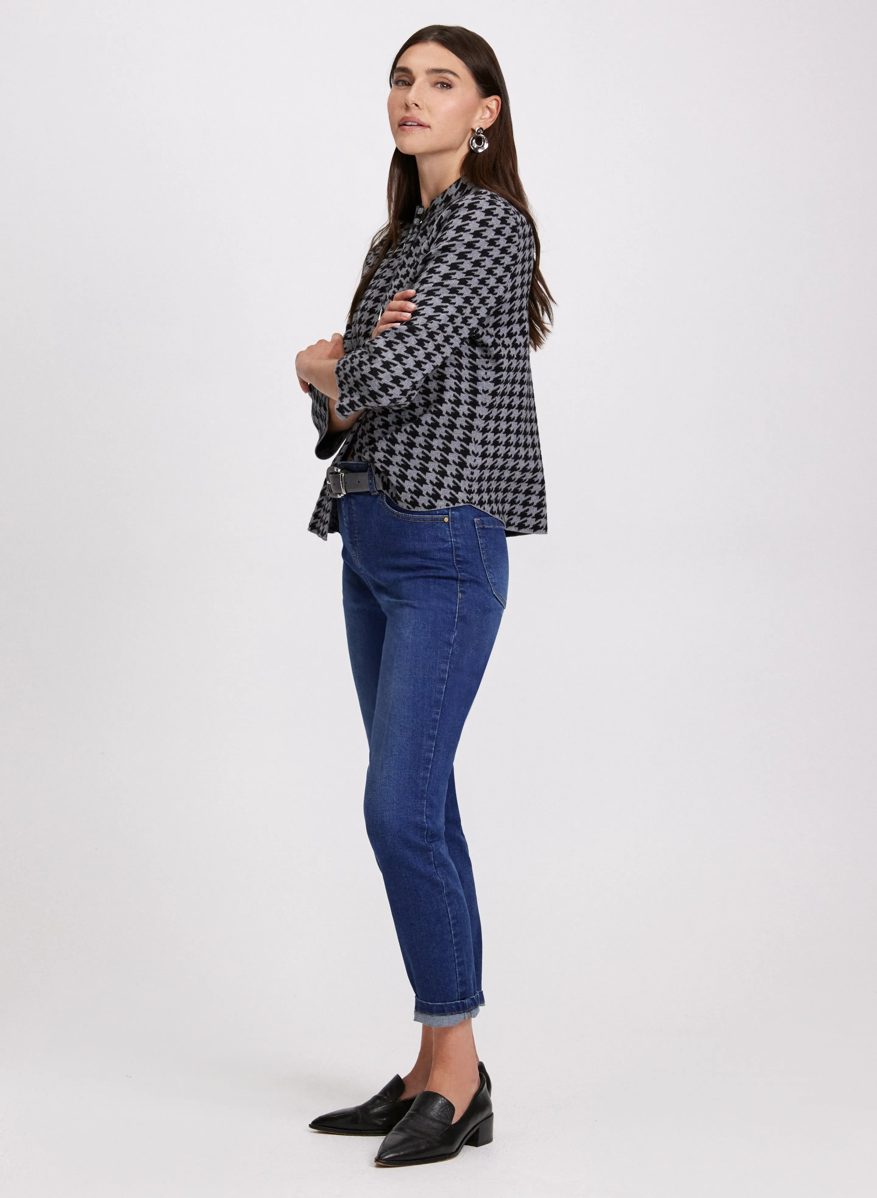 Houndstooth Print Cardigan & Slim Leg Jeans sold by Laura