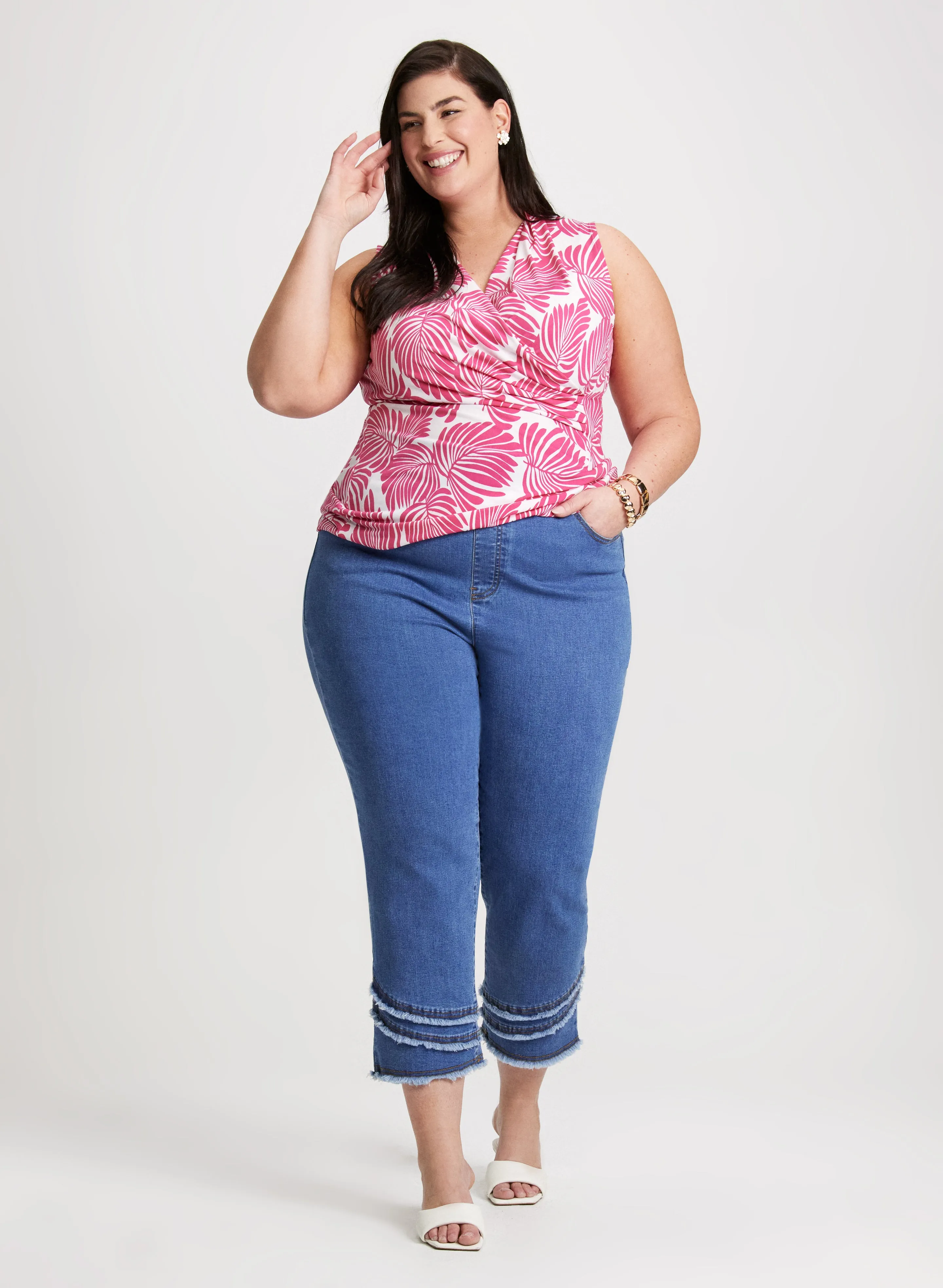 Leaf Print Sleeveless Top & Pull-On Frayed Capri Jeans sold by Laura
