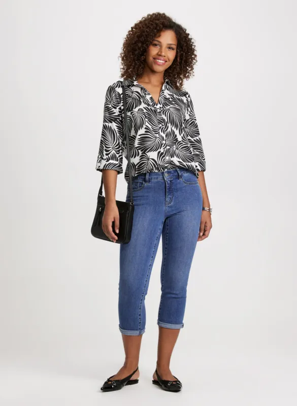 Palm Print Button Down Blouse & Rolled Hem Straight Leg Jeans sold by Laura