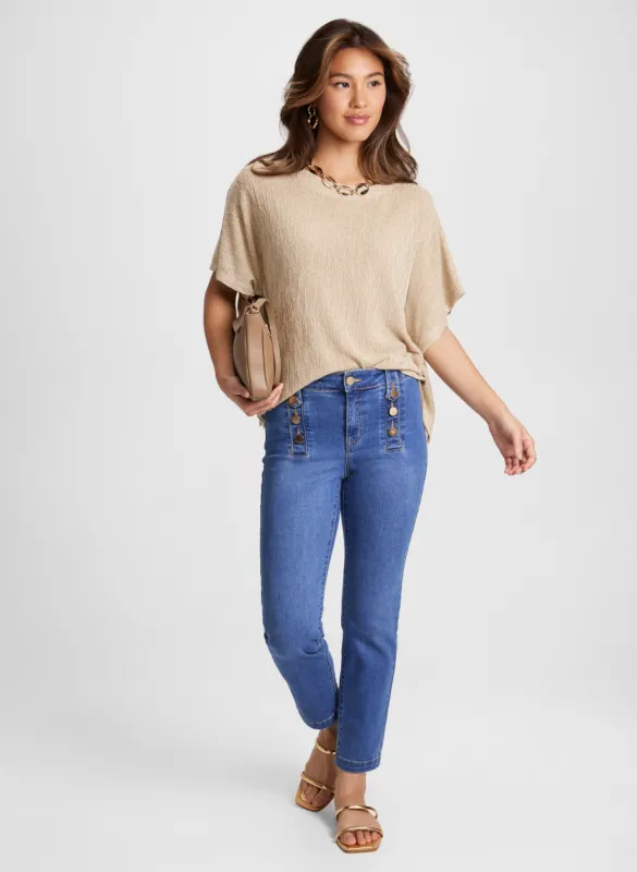 Linen Knit Poncho & Button-Trim Straight Leg Jeans sold by Laura