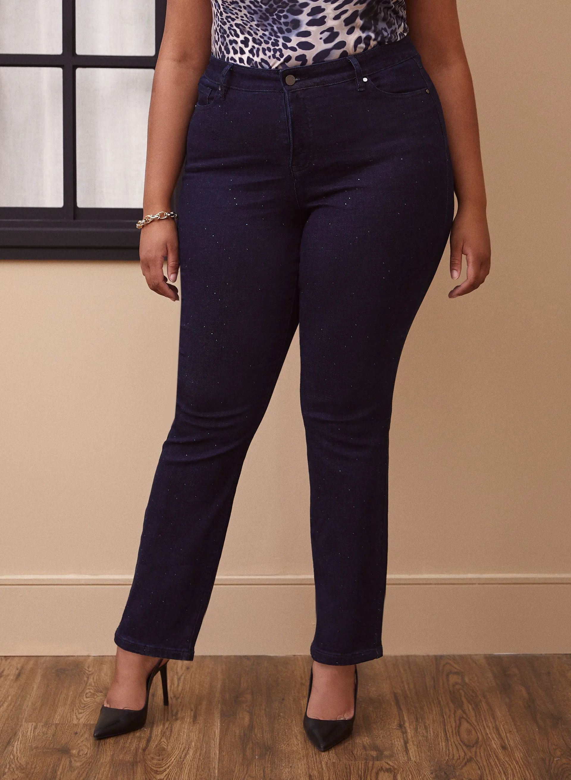 Rhinestone Detail Straight Leg Jeans sold by Laura