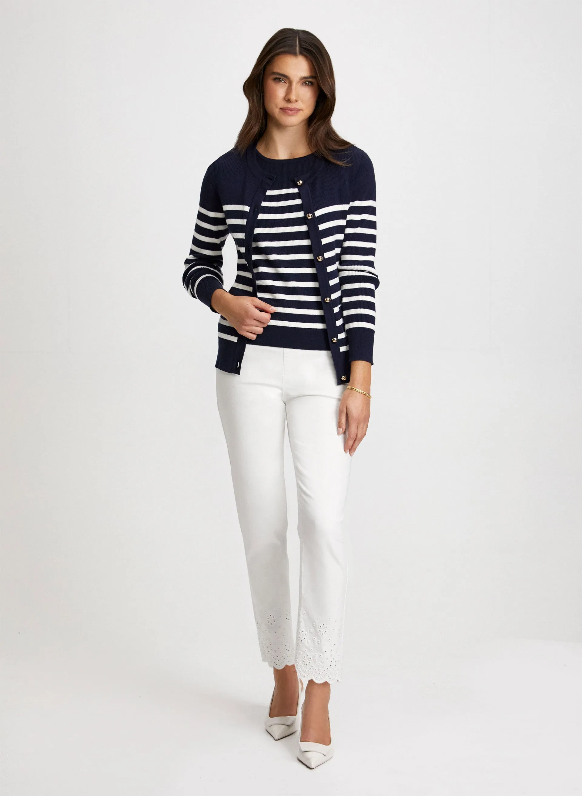 Striped Cardigan & Top & Scalloped Jeans sold by Laura