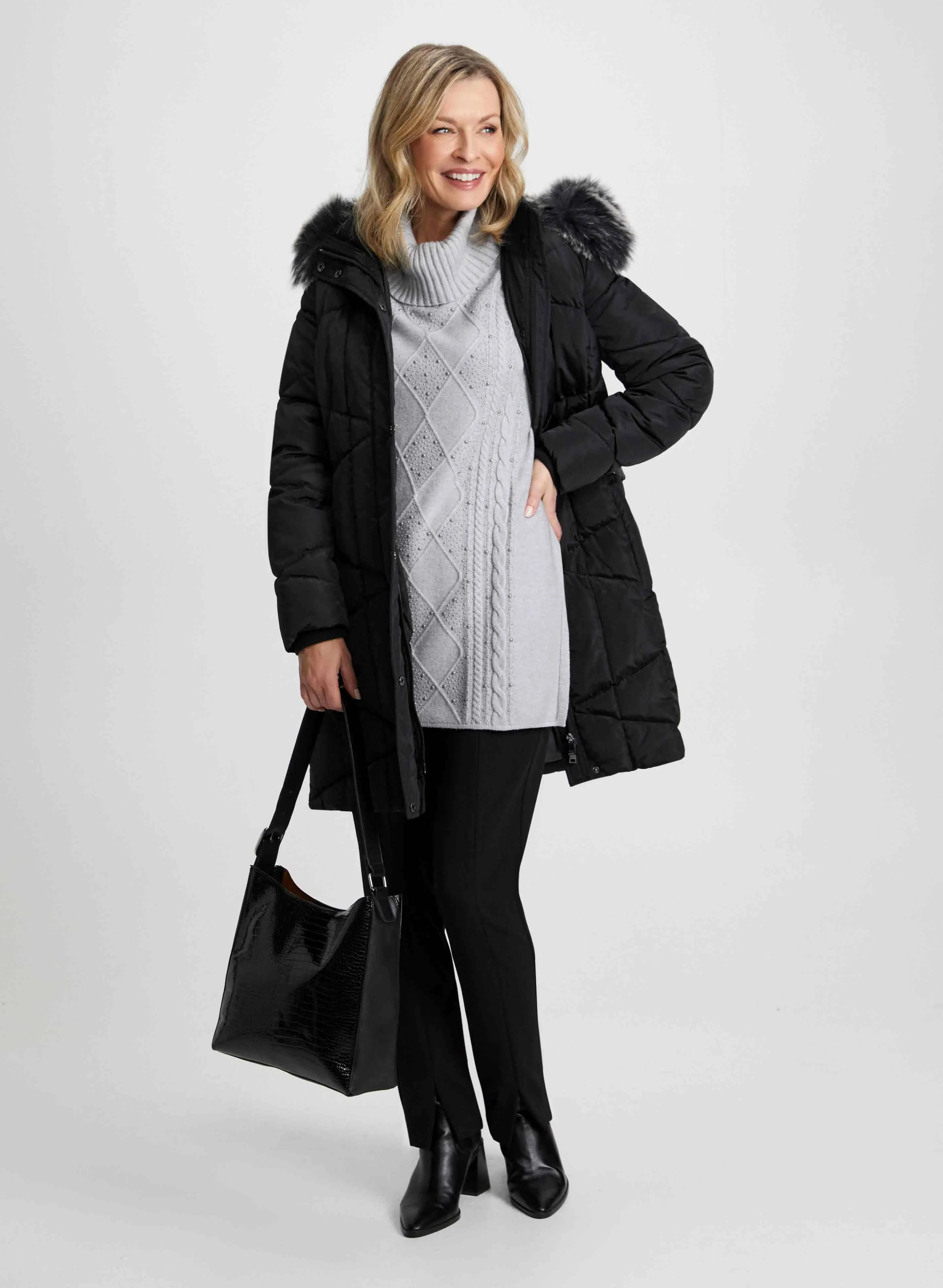 Quilted Coat, Tunic Sweater & Slim Leg Pants sold by Laura