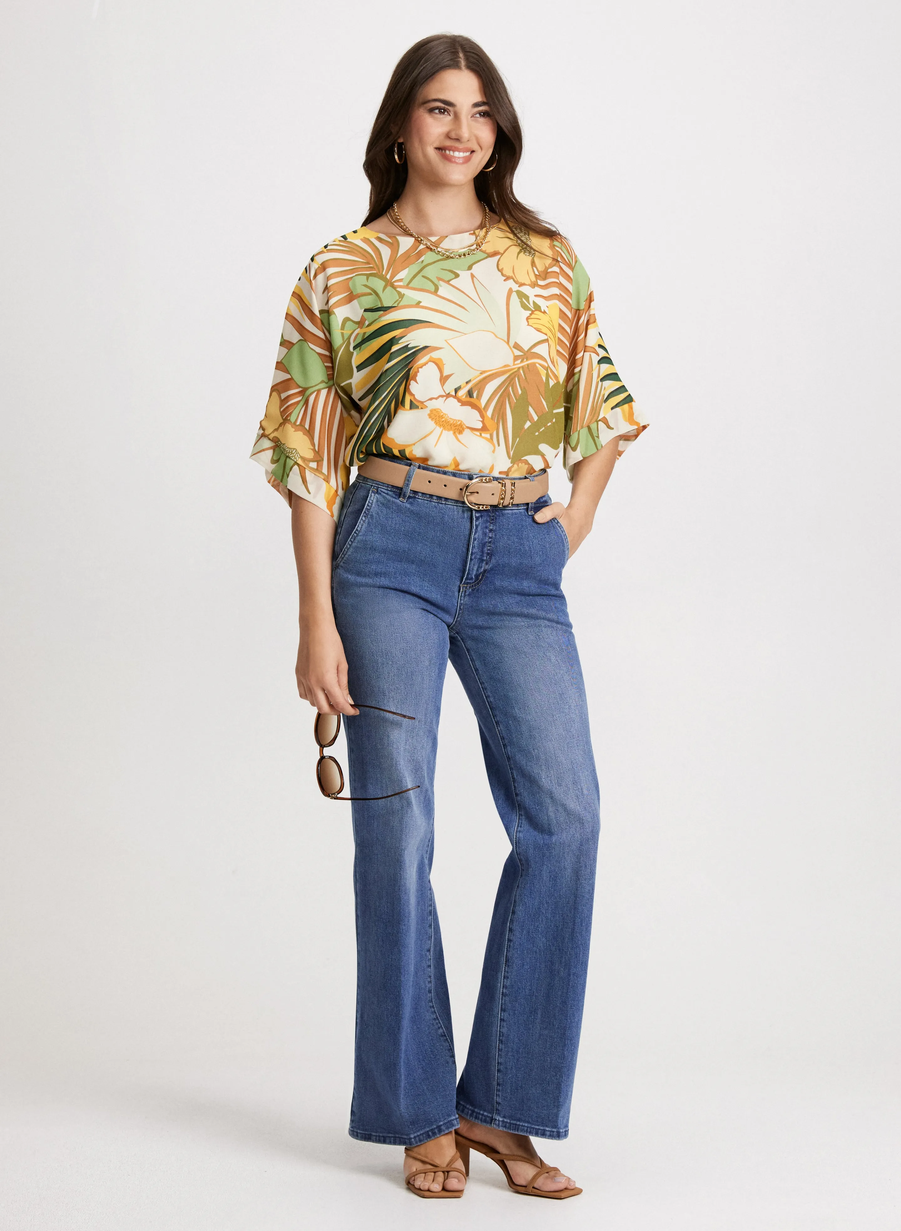 Tropical Blouse & Flared Denim Pants sold by Laura