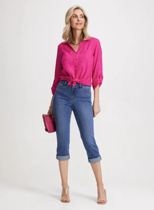 Linen-Blend Blouse & Rolled-Cuff Denim Capris sold by Laura